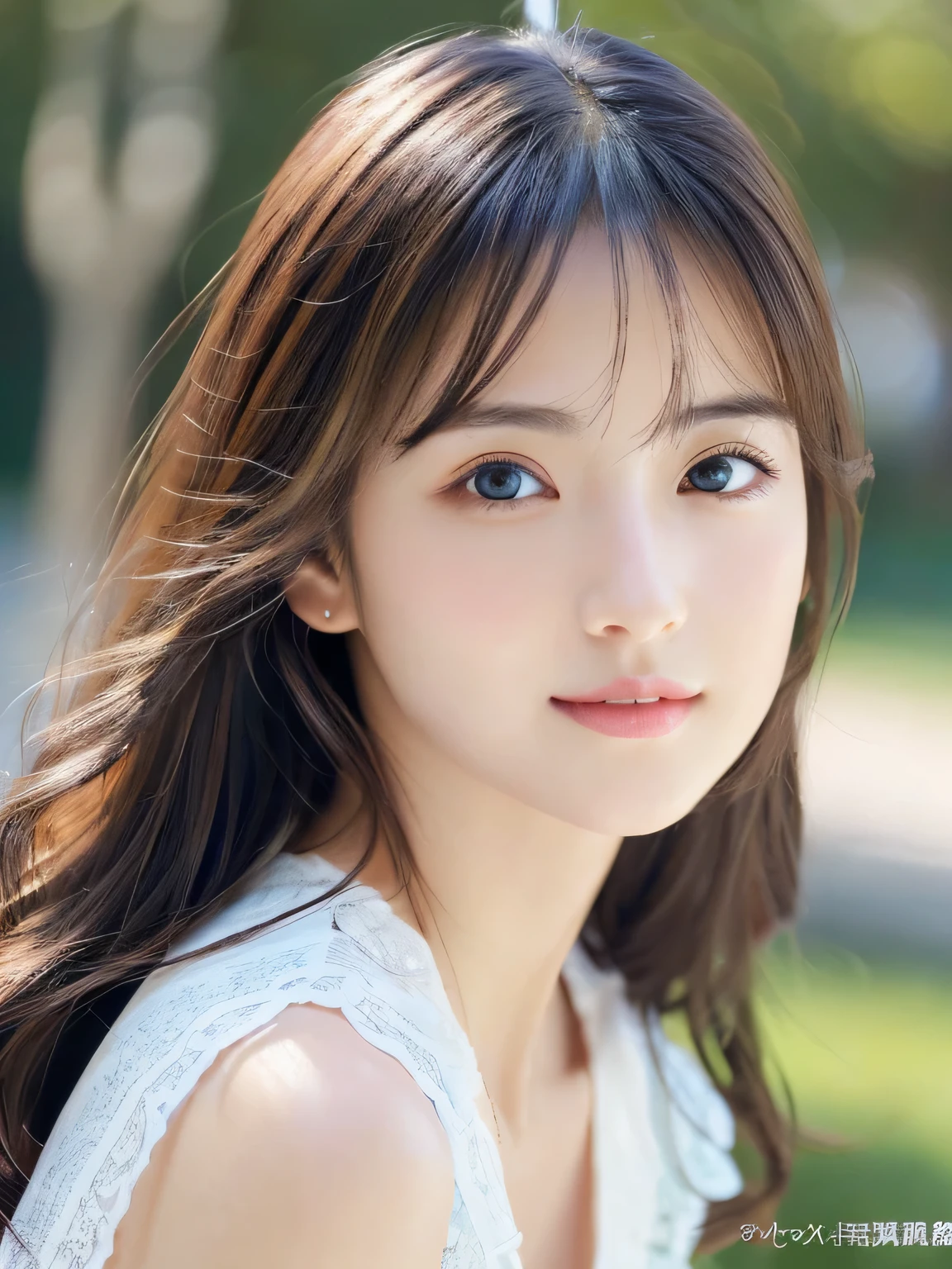(((32k,high details,high detail、masterpiece,attention to detail,alone))),Raw photo & realistic atmosphere,beautiful dark blue eyes,detailed mouth,glossy lips,thin eyebrows,fine eyes、Soft white skin that shines in every detail、her deep black eyes are so beautiful,lip details、very beautiful face,very well-shaped face、lifelike face,shining beautiful lips,beautiful eyebrows,infinite reality, Realistic young gravure idol,she'she'she'she'she'she's a very cute woman , young gravure idol, young gravure idol, Very beautiful and cute 21 year old beautiful girl,incredibly beautiful and classy,21 year old beautiful girl,natural soft light,(shiny hair,,Beautiful and kind eyes:1.5),gentle smile,well-shaped chest,medium long hair,tie hair,beautiful posture,no makeup,think ahead,A little camera gaze