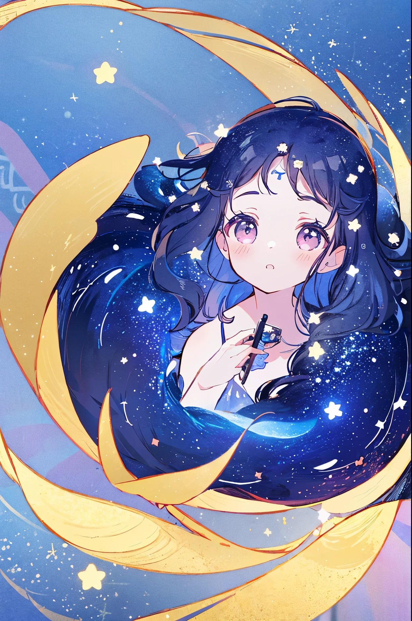 complex background, wishing star background, a woman wearing an ethereal mystical pink translucent dress that reflects the stars, perfume promo art, mystic, complex drawing, highly detailed, Covergirl brand, promo art, artistic rendition, ethereal, starry night, midjourney style
