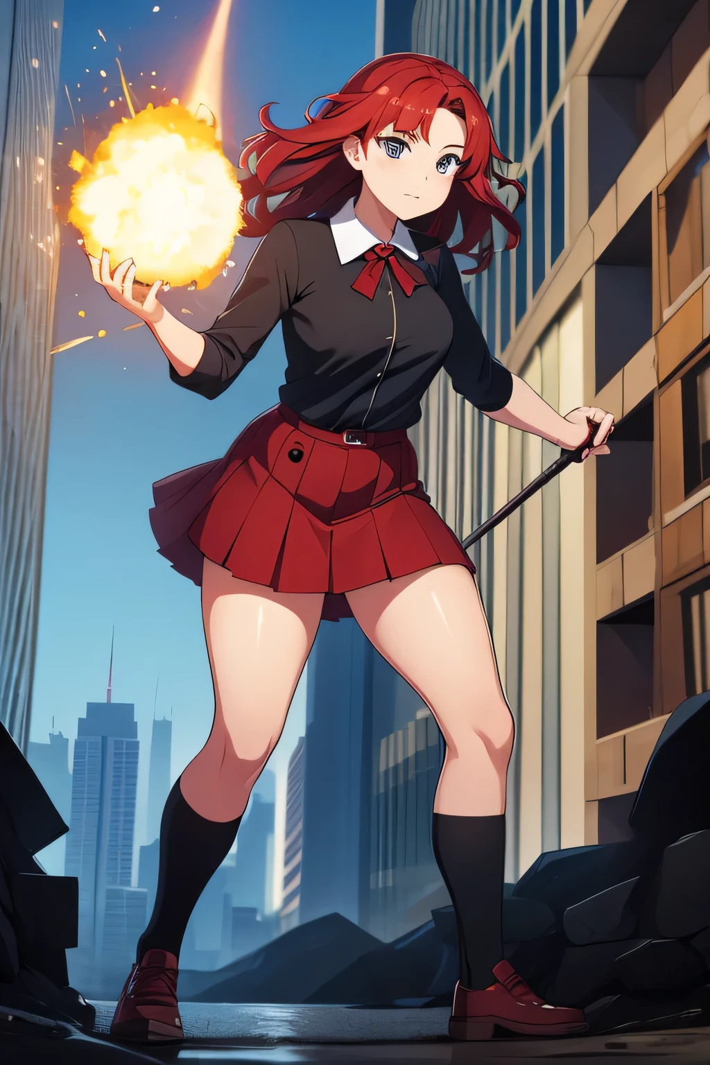 Luxurious conceited girl, her curly red hair has long hazel eyes, she has a green ribbon in her hair, she dresses in dark gray button-down school, underneath, she wears a red skirt, she wears a pair of black shoes and she has hand power, she throws an explosion, gravity, destroys the city and the background, she is watching. to novice students