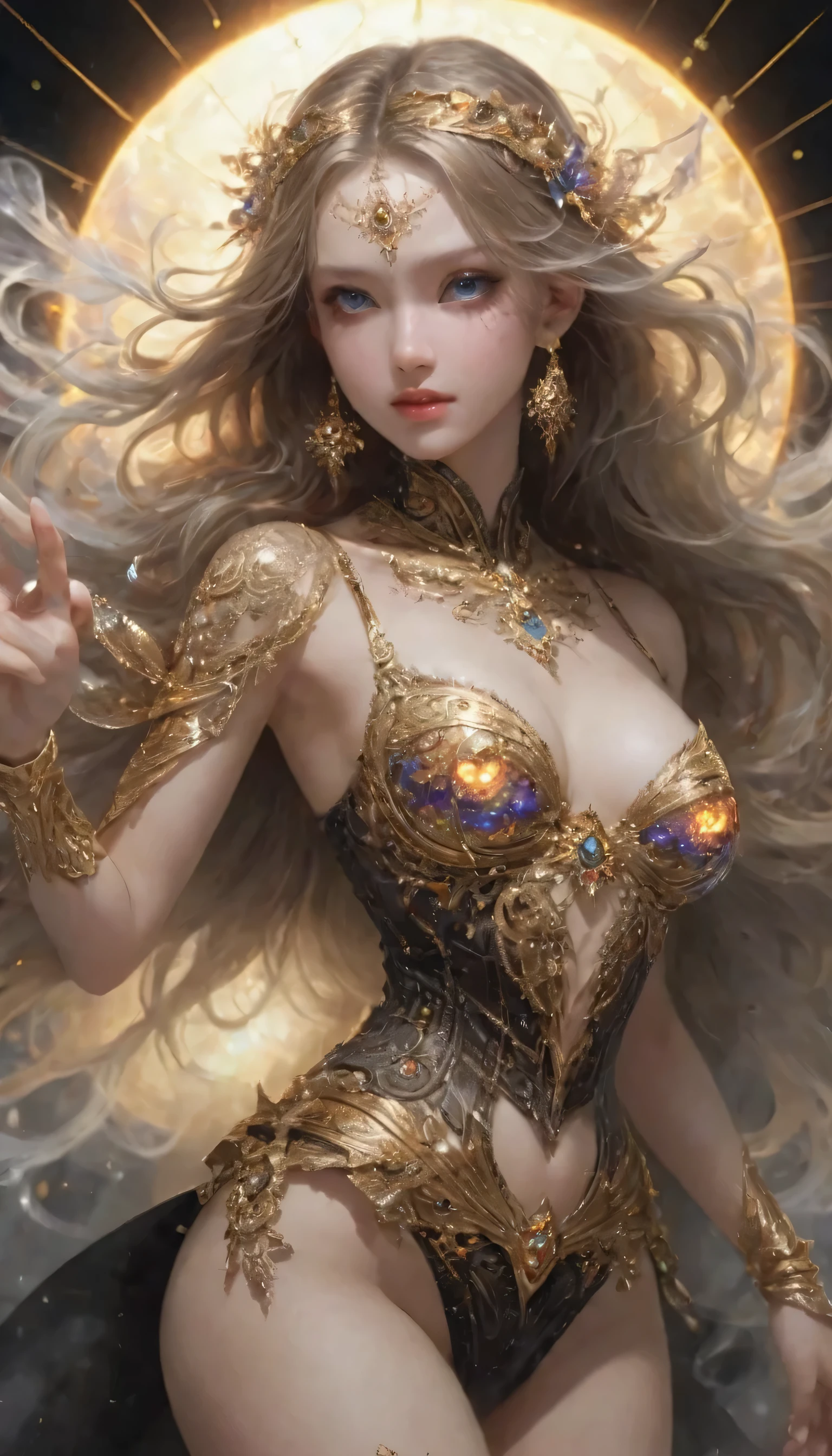 High resolution rendering, masterpiece, highest quality, high resolution, highest detail, 8k, (Photorealistic: 1.2), ((sharp focus)), 1girl, cowboy shot, dreamwave, smoke, aesthetic, vortex, beauty, small head , well-proportioned body of seven heads, even eyes, brown eyes, perfect proportions, huge breasts, thin waist, navel, big butt, gap between the legs, thighs, bewitching, sexy, erotic, (elegant), (Fractal Art: 1.2), (Zentangle: 1.2), Colorful, Crystal, Gold, Gentle Smile, Beautiful Face, Detailed and Perfect Face, Dynamic Pose, Change Pose, Dynamic Angle, Wind, Storm, Backlight, Solar Eclipse, Long hair, trendy, depth of field, translucent, floating, (accurate anatomy body and hand), 4 fingers and 1 thumb,