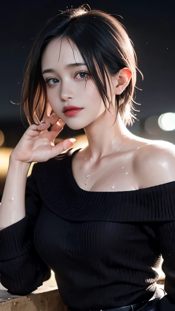 Cinematic lighting、(key light:Front diagonal 45 degrees, fill light、Backlight、shadow、blue and orange color palette), accurate human body、detailed person、Correct five-finger、RAW photo、 4K - ultra-vivid、highest quality, masterpiece, ultra high resolution, (reality: 1.4),
(((oil skin,sparkling skin、realistic skin texture、detailed beautiful skin、shiny skin、shiny skin)))、
upper body shot, camera angle is low, Depth of the bounds written, Focus on the center, fine eyes, perfect face and eyeature woman, Beautiful woman、(Sweat,vapor, Vulgarity), ((tight white long maxi sweater dress))、big cleavage、tight clothes、(full shot:1.8 , heavy makeup、red eye makeup、pink glossy lipstick)、long shot:1.0, Beautiful depiction、detailed background、high quality person、high quality face、Ultra-high-definition animation、(beautiful black hair:1.8)、lots of earrings、clavicle、((((((Sweat))))))、Wet, loose clothes, (((nightのネオン街、Neon-lit downtown area、bar、field、movie writing、A captivating pure white off-shoulder shirt that shows off your obscene body line.))), background bokeh、detailed background、field、night、smile、put your hand on your mouth