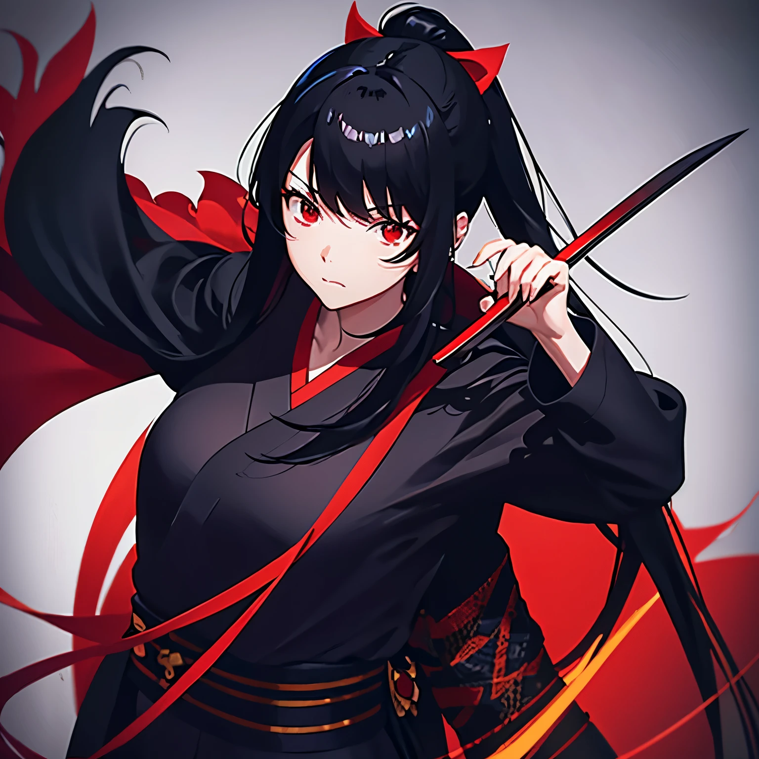 A girl holding a fan covering half her face. Long black hair. Wearing a black and red Kimono. Red background. Swordman. 