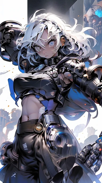 #quality(8k,best quality, masterpiece,super detailed),fighting each other, #girl(cute, kawaii, sharp expression,brave,determined,large mechanical arms,arms shining,arms sparkling,hair floating,hair color cosmic,braid hair,skin color white,skin color blue,pale skin,eye color cosmic,eyes shining,big eyes,big breast,wearing damaged armor,in fight,open stomach,dynamic action,),#background(battle field,rubble city,smorky,sparks,)