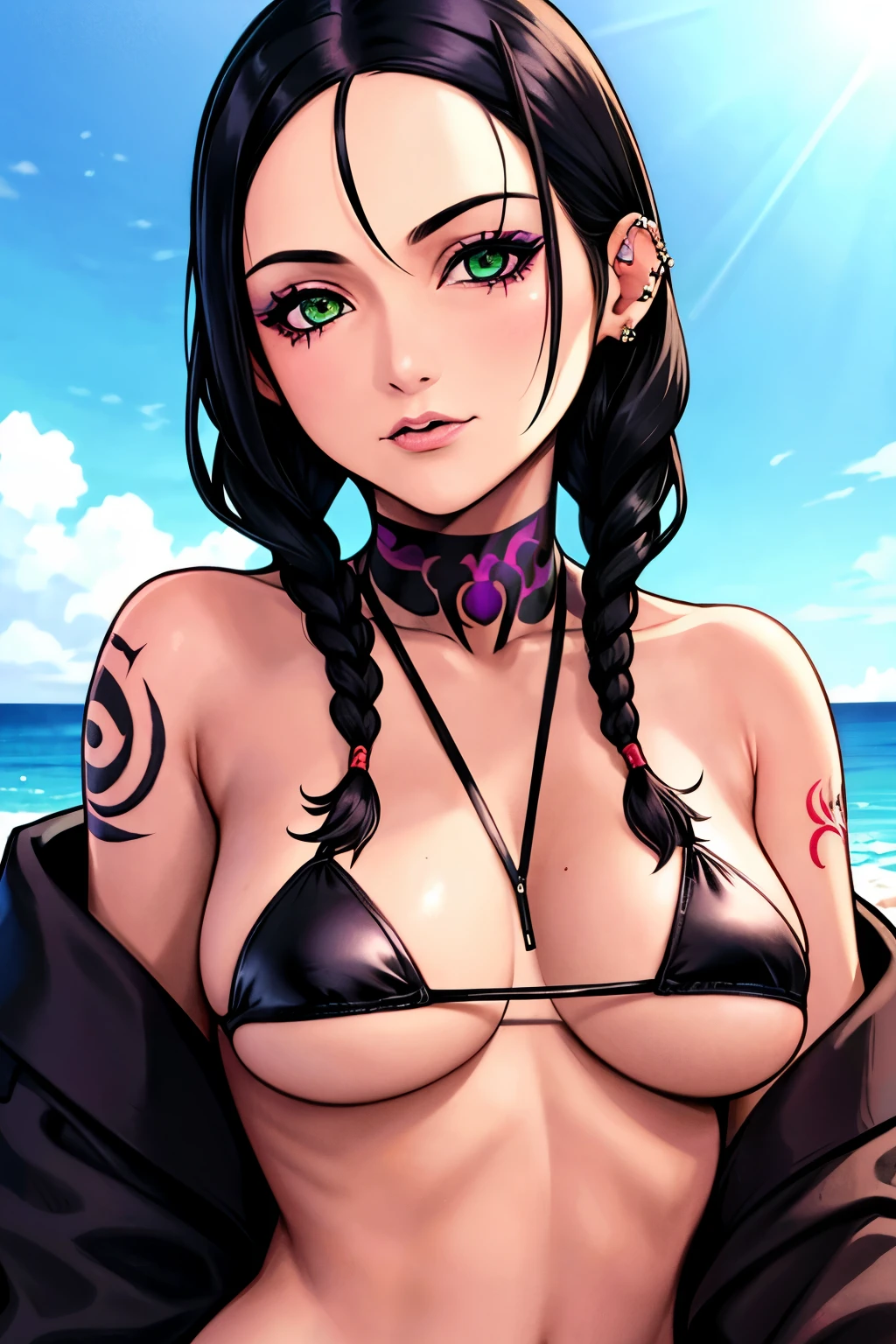 One girl, black_hair, green_eyes, slanted_eyes, dark make up, nose piercing, double braids, tattooed body, pecas, purple_bikini, in the beach, NSFW