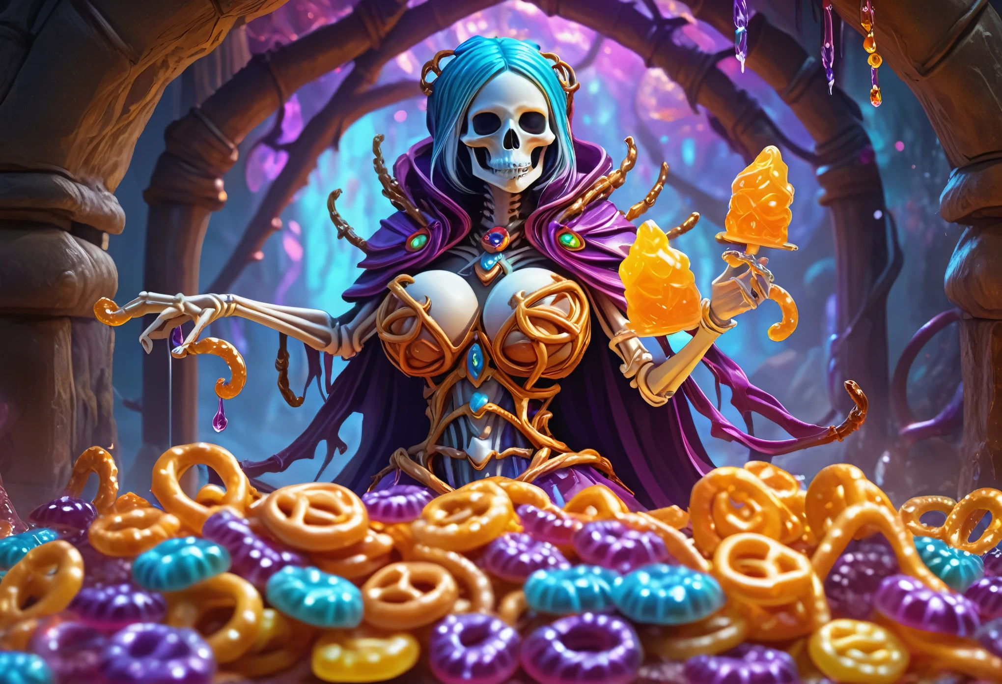 female Gummy adventurers,rock candy dungeon,encounter dreaded skeletal mage made of pretzels,high fantasy,food dreaming,(best quality,4k,8k,highres,masterpiece:1.2),ultra-detailed,(realistic,photorealistic,photo-realistic:1.37),illustration,deliciously vibrant colors,ethereal lighting