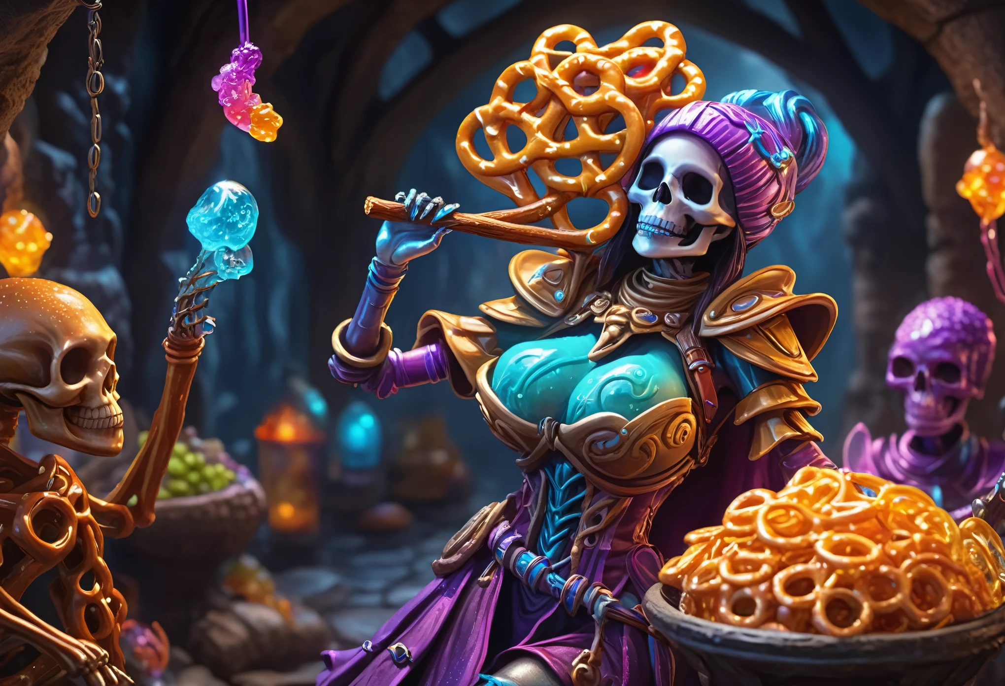 female Gummy adventurers,rock candy dungeon,encounter dreaded skeletal mage made of pretzels,high fantasy,food dreaming,(best quality,4k,8k,highres,masterpiece:1.2),ultra-detailed,(realistic,photorealistic,photo-realistic:1.37),illustration,deliciously vibrant colors,ethereal lighting