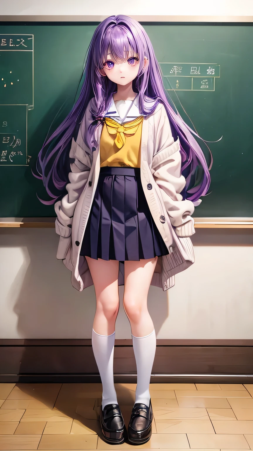 very cute girl、purple hair、Fluffy semi-long hair、、purple eyes、big eyes、droopy eyes、cute eyes、(yellow cardigan)、the front of the cardigan is open、(white school uniform)、(black skirt、(16 years old)、white skin、slim and beautiful legs、Super high quality、full body shot、classroom、standing position、