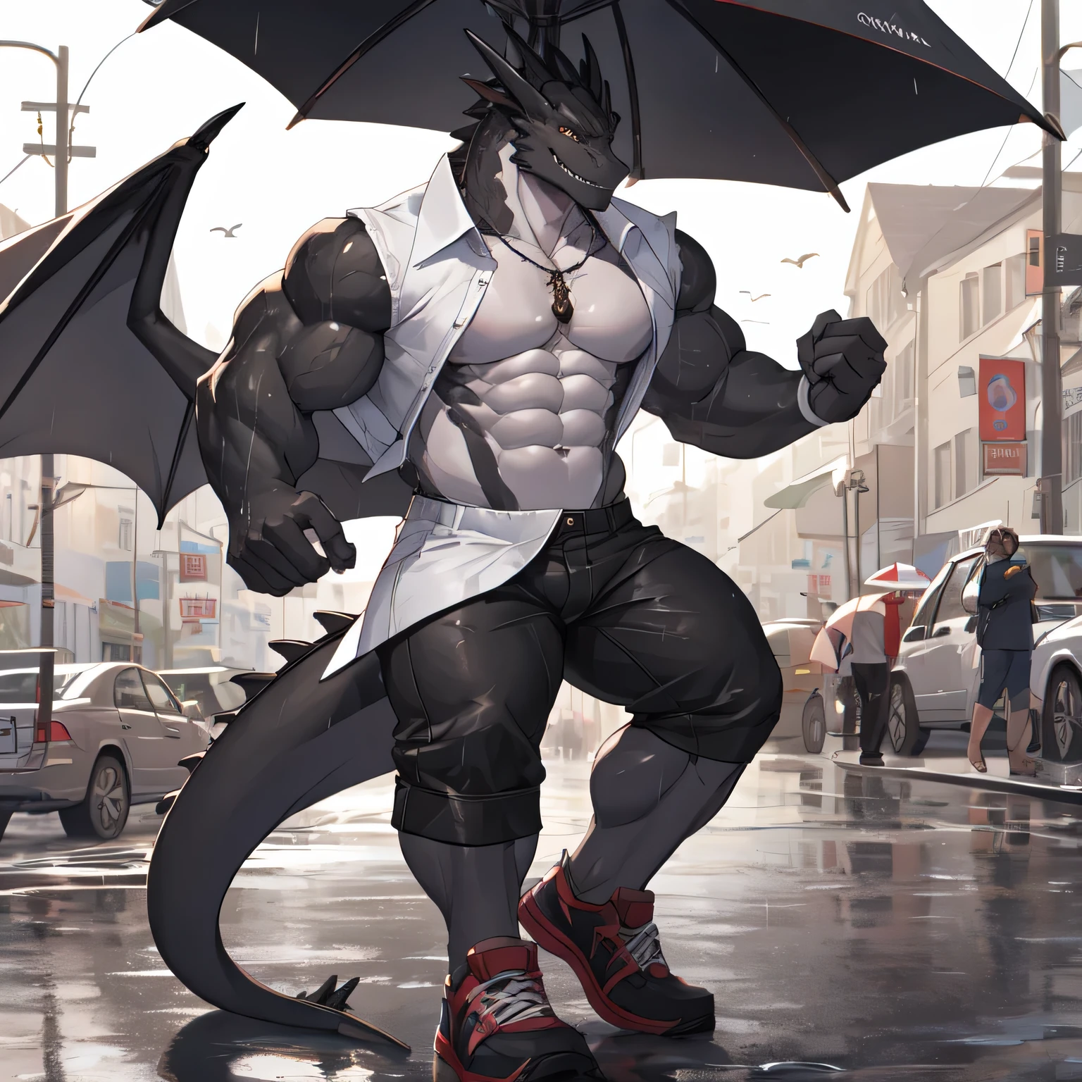 masterpiece, anthropomorphic black dragon ,black nice, Shorts only,social person Gari macho good looking lower leg pants wet in the rain White suit dress shirt Show off your abs 8-pack abs for one person