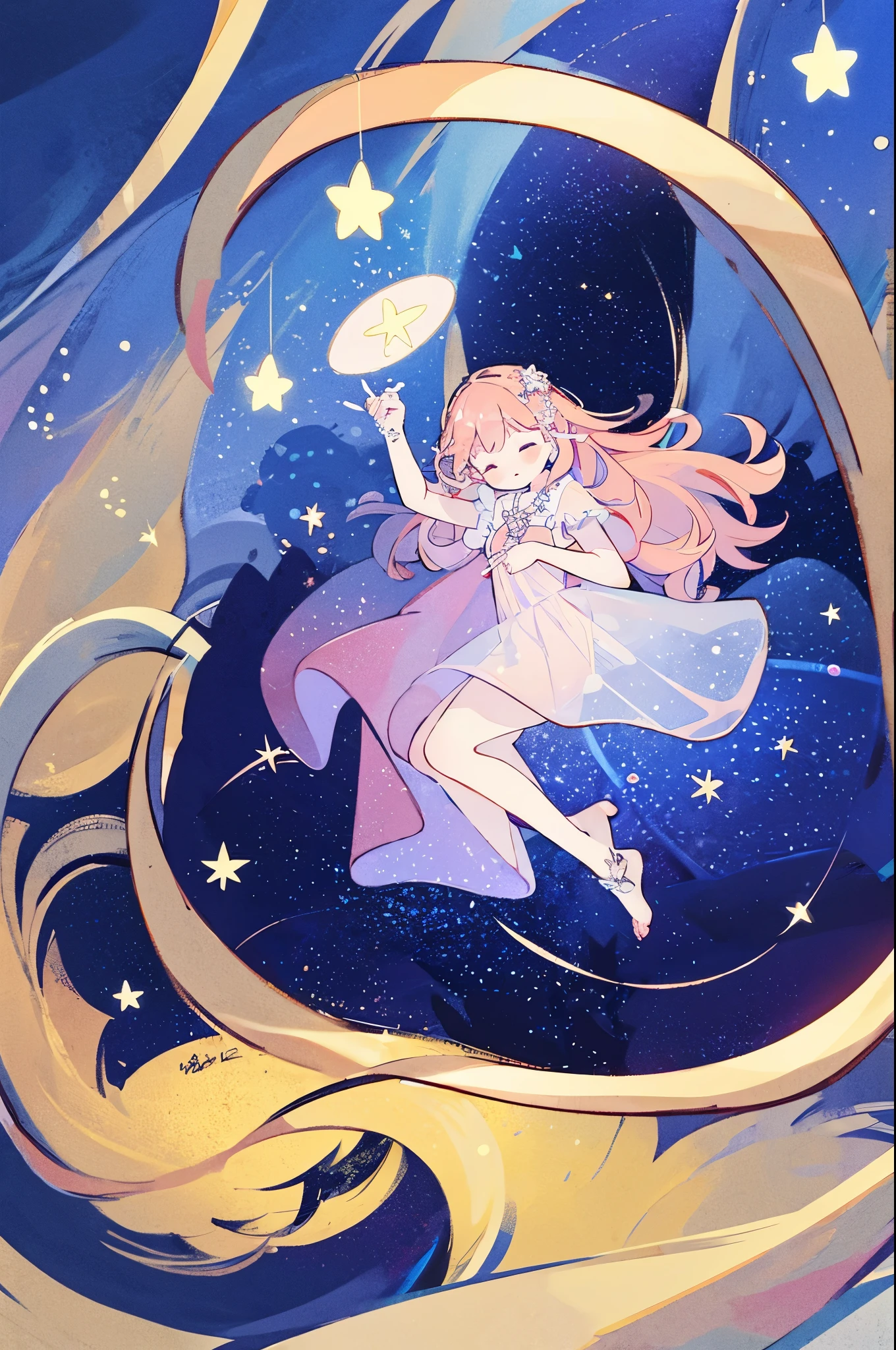 complex background, wishing star background, a woman wearing an ethereal mystical pink translucent dress that reflects the stars, perfume promo art, mystic, complex drawing, highly detailed, Covergirl brand, promo art, artistic rendition, ethereal, starry night, midjourney style