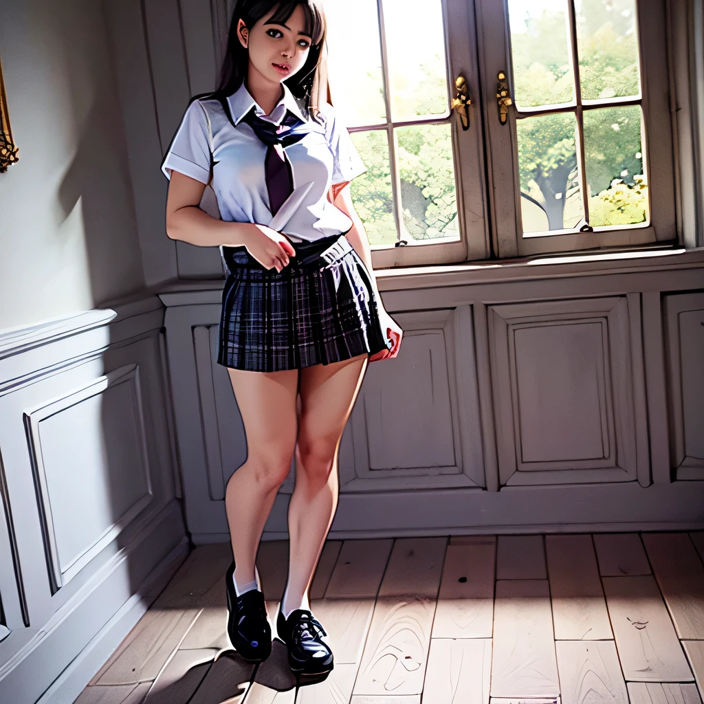 25 year old female, mature woman, ((In the classroom)), ((school uniform)), Raw photo, (photorealistic: 1.37, realistic), Highly detailed unified CG 8K wallpaper, 1 girl, (((perfect body: 1.1)), (medium breasts: 1.2), looking at the viewer, (((straight from the front)))), (headquarters skin:1.2, shiny skin), 8k uh, Digital single-lens reflex camera, soft lighting, high quality, film grain, Fujifilm XT3, ((full body:  0.8)), (professional lighting:1.4) ,