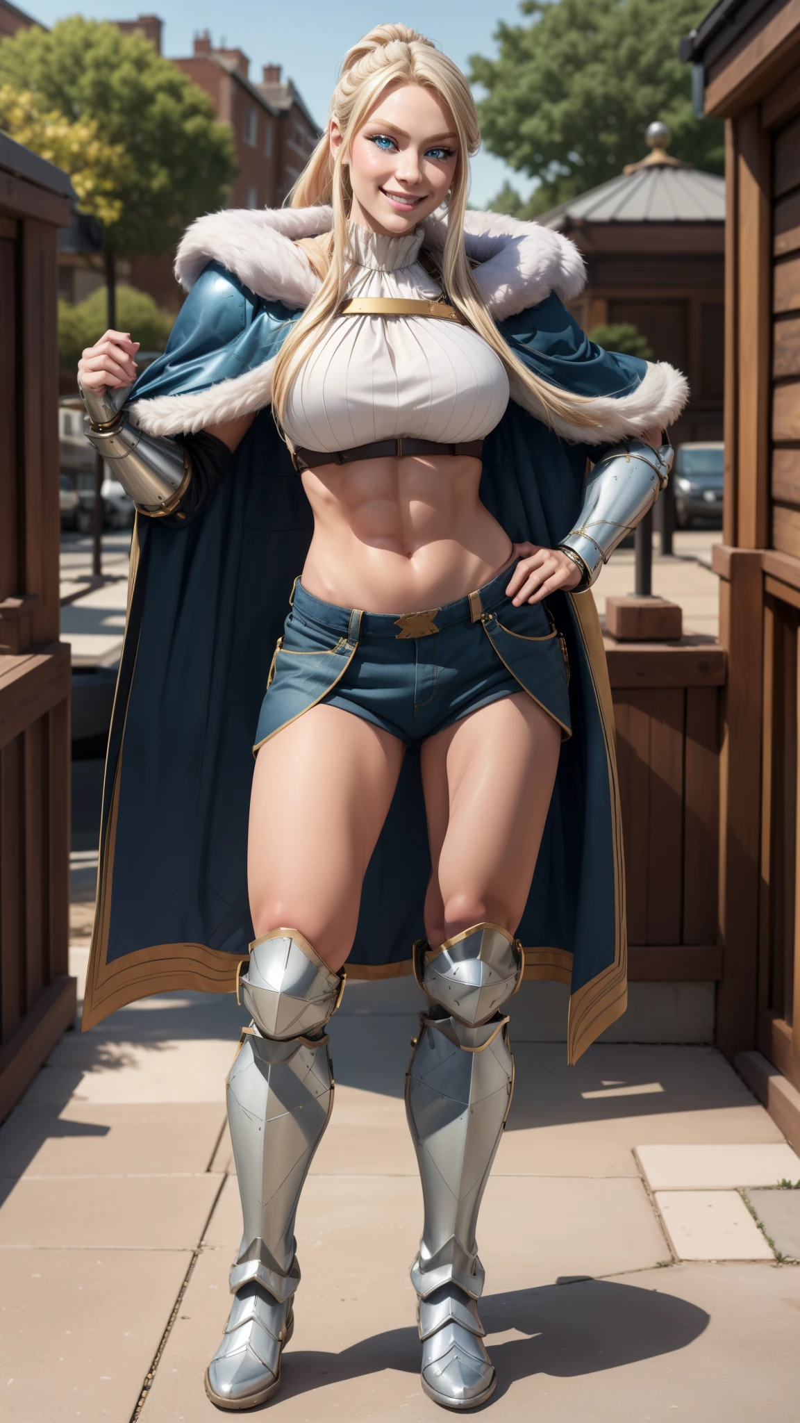 best quality, masterpiece, 1girl, (solo:1.1), raytracing, ultra detailed,detailed face, 8k wallpaper, wide hips,  smile, ChloeMorgan_NDV, 1girl, blonde hair, large breasts, long hair, blue eyes, pony tail, capelete, fur collar, pants, armored boots, crop top, outdoor,  