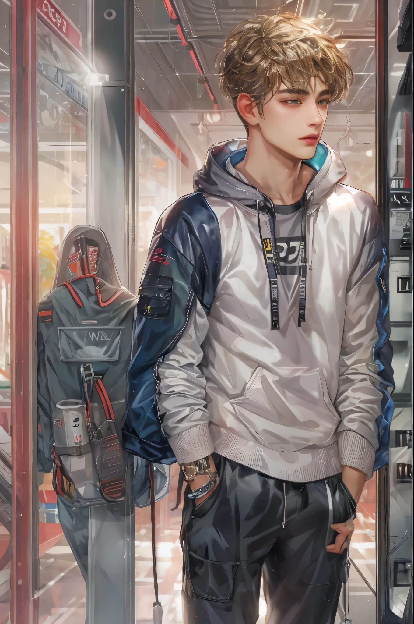 (masterpiece, top quality, best quality, official art, beautiful and aesthetic:1.2), boy, handsome, perfect detailed face, a boy in sporty clothes, warm tones, highest quality art, (perfect face), shiny skin, HDR, detailed surroundings, inside a shopping mall