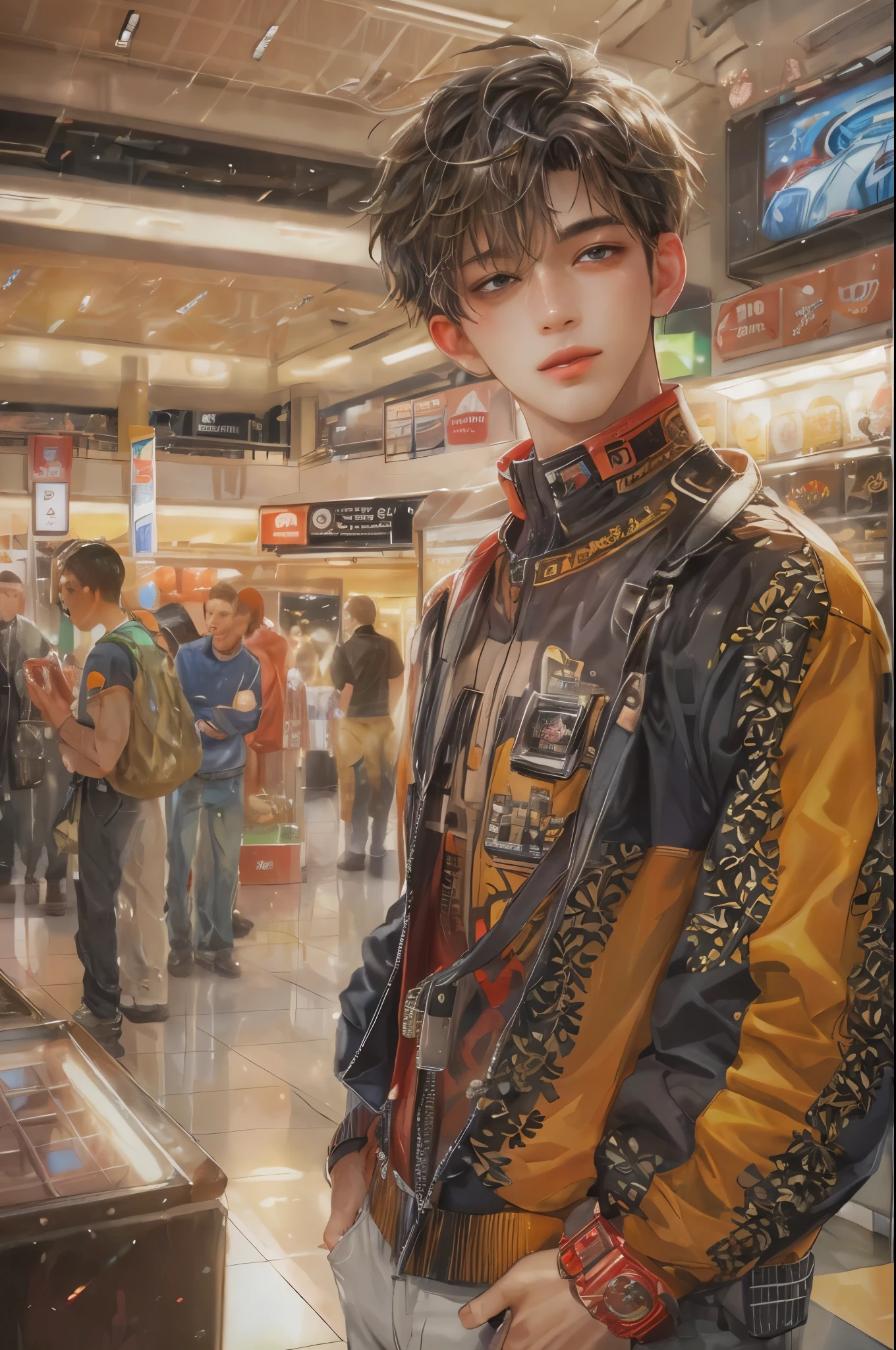 (masterpiece, top quality, best quality, official art, beautiful and aesthetic:1.2), boy, handsome, perfect detailed face, a boy in sporty clothes, warm tones, highest quality art, (perfect face), shiny skin, HDR, detailed surroundings, inside a shopping mall