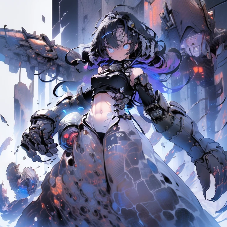 #quality(8k,best quality, masterpiece,super detailed),fighting each other, #girl(cute, kawaii,small kid, sharp expression,brave,determined,large mechanical arms,arms shining,arms sparkling,hair floating,hair color cosmic,braid hair,skin color white,skin color blue,pale skin,eye color cosmic,eyes shining,big eyes,big breast,wearing damaged armor,in fight,open stomach,dynamic action,),#background(battle field,rubble city,smorky,sparks,)