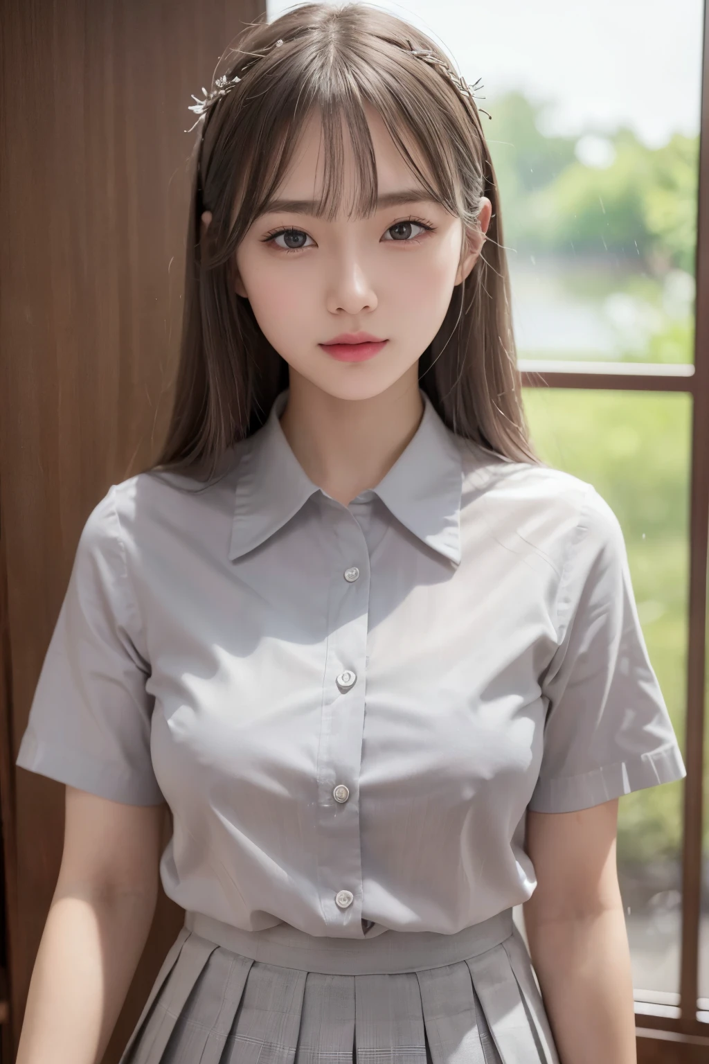 (RAW photograph, highest quality), (realistic),photograph, highest quality ,masterpiece, very delicate and beautiful, very detailed, cg ,unity, 2k wallpaper, finely, masterpiece, highest quality, huge file size, Super detailed, High resolution, very detailed, NSFW, 1 girl, Saori , node, because I'thin, (short sleeve shirt:1.1),(uniform:1.1),(pleated skirt:1.1), porcelain skin, (gray hair), (hair ornaments), looking at the viewer, close up of face, straight hair, very detailed face, very detailed eyes, enchanting smile, Rainy ,