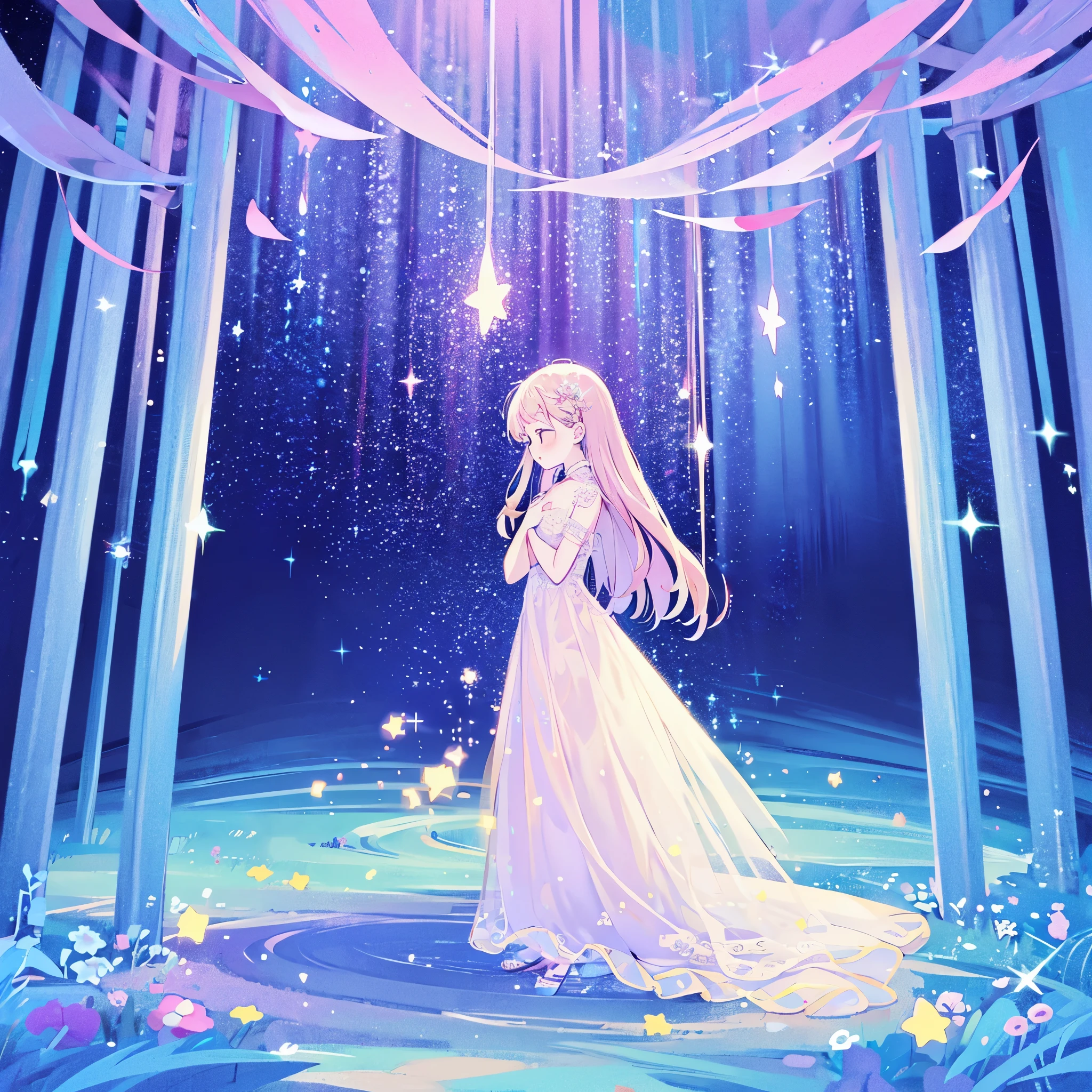 complex background, wishing star background, a woman wearing an ethereal mystical pink translucent dress that reflects the stars, perfume promo art, mystic, complex drawing, highly detailed, Covergirl brand, promo art, artistic rendition, ethereal, starry night, midjourney style