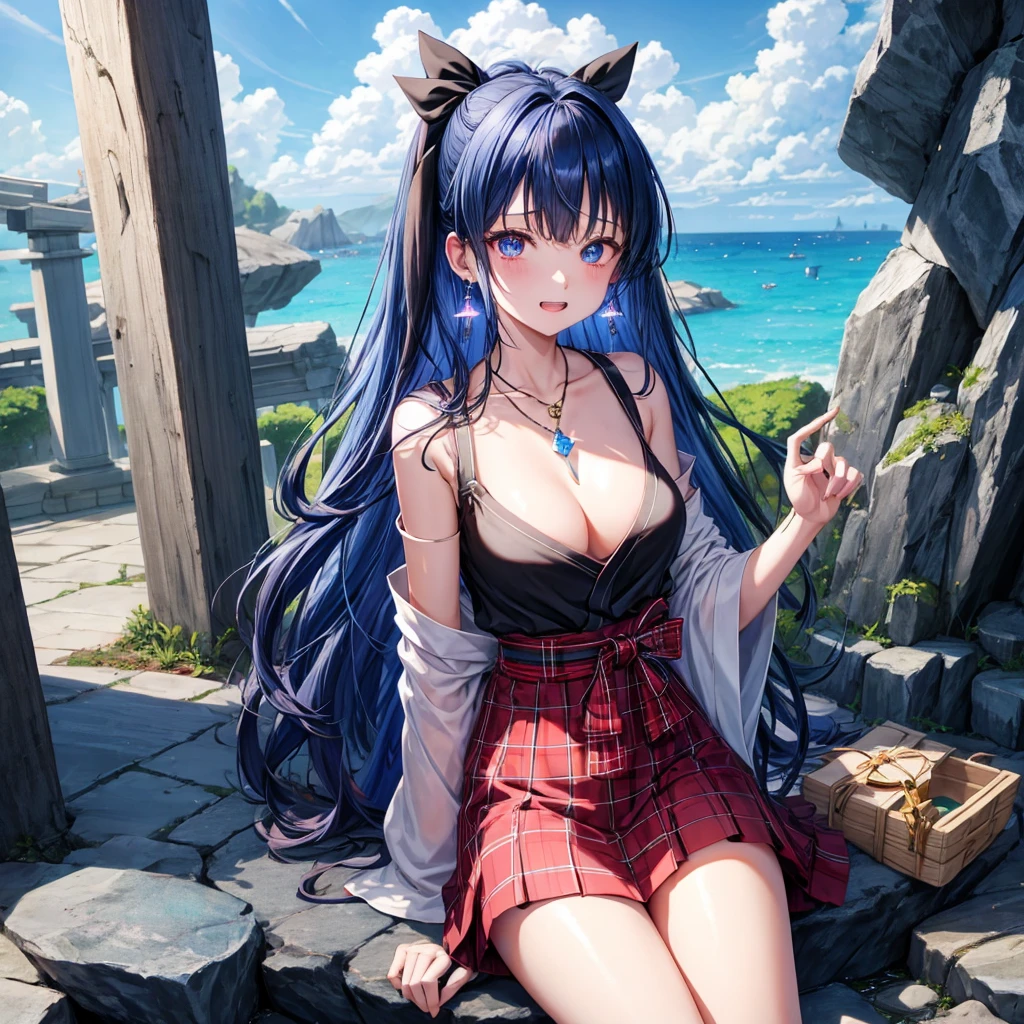 blue hair、red eyes、one good looking girl、solo、anime、plaid mini skirt、black camisole、black t-shirt、kimono、wearing a ribbon、ribbon at waist、stones are piled up、crystal earrings、jewelry necklace、Light and shadow、tilting one&#39;s face、teeth are visible、Wearing geta、lots of crystals、Lock、in the clouds、pillar、Angel、skylight