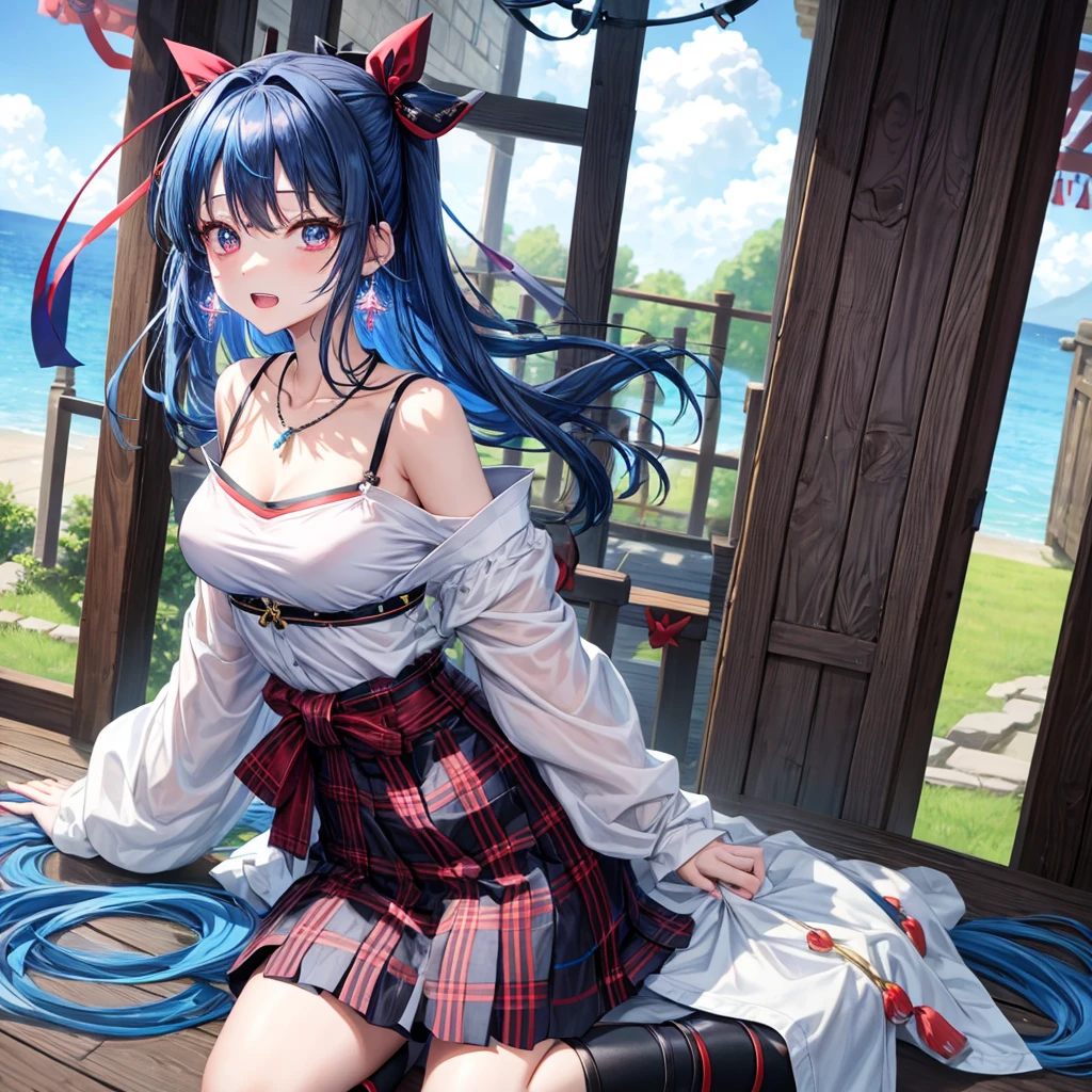 blue hair、red eyes、one good looking girl、solo、anime、plaid mini skirt、black camisole、black t-shirt、kimono、wearing a ribbon、ribbon at waist、stones are piled up、crystal earrings、jewelry necklace、Light and shadow、tilting one&#39;s face、teeth are visible、Wearing geta、lots of crystals、Lock、in the clouds、pillar、Angel、skylight