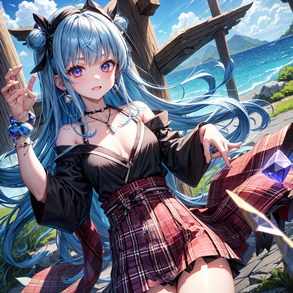 blue hair、red eyes、one good looking girl、solo、anime、plaid mini skirt、black camisole、black t-shirt、kimono、wearing a ribbon、ribbon at waist、stones are piled up、crystal earrings、jewelry necklace、Light and shadow、tilting one's face、teeth are visible、Wearing geta、lots of crystals、Lock、in the clouds、pillar、Angel、skylight