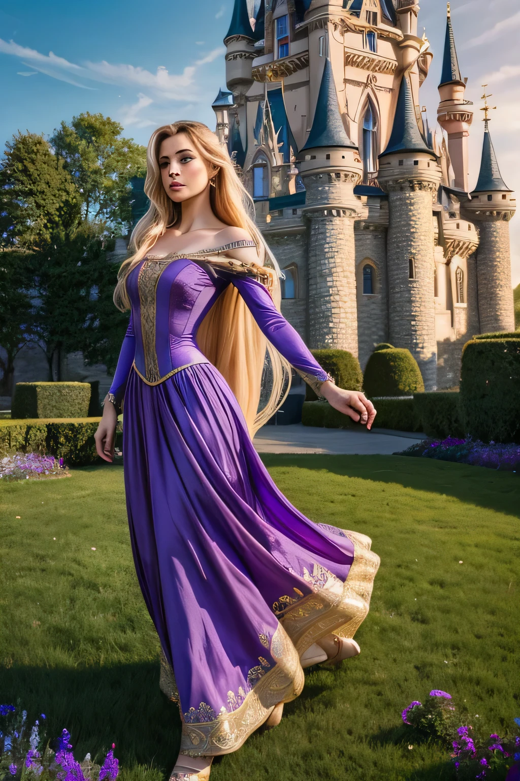 Imagine a breathtaking scene where Rapunzel, with her iconic purple gown flowing gracefully around her, stands in the grandeur of a majestic castle. This prompt calls for an exquisite full-body portrait capturing every intricate detail of Rapunzel's enchanting presence. With her golden locks cascading down to the ground, she exudes an aura of grace and elegance befitting a true princess. The backdrop of the castle adds to the fairy tale ambiance, with its towering spires and intricate architecture hinting at the magical world Rapunzel calls home. Get ready to be transported into the realm of fantasy as you witness the creation of this mesmerizing portrait of Rapunzel, brought to life in stunning realism