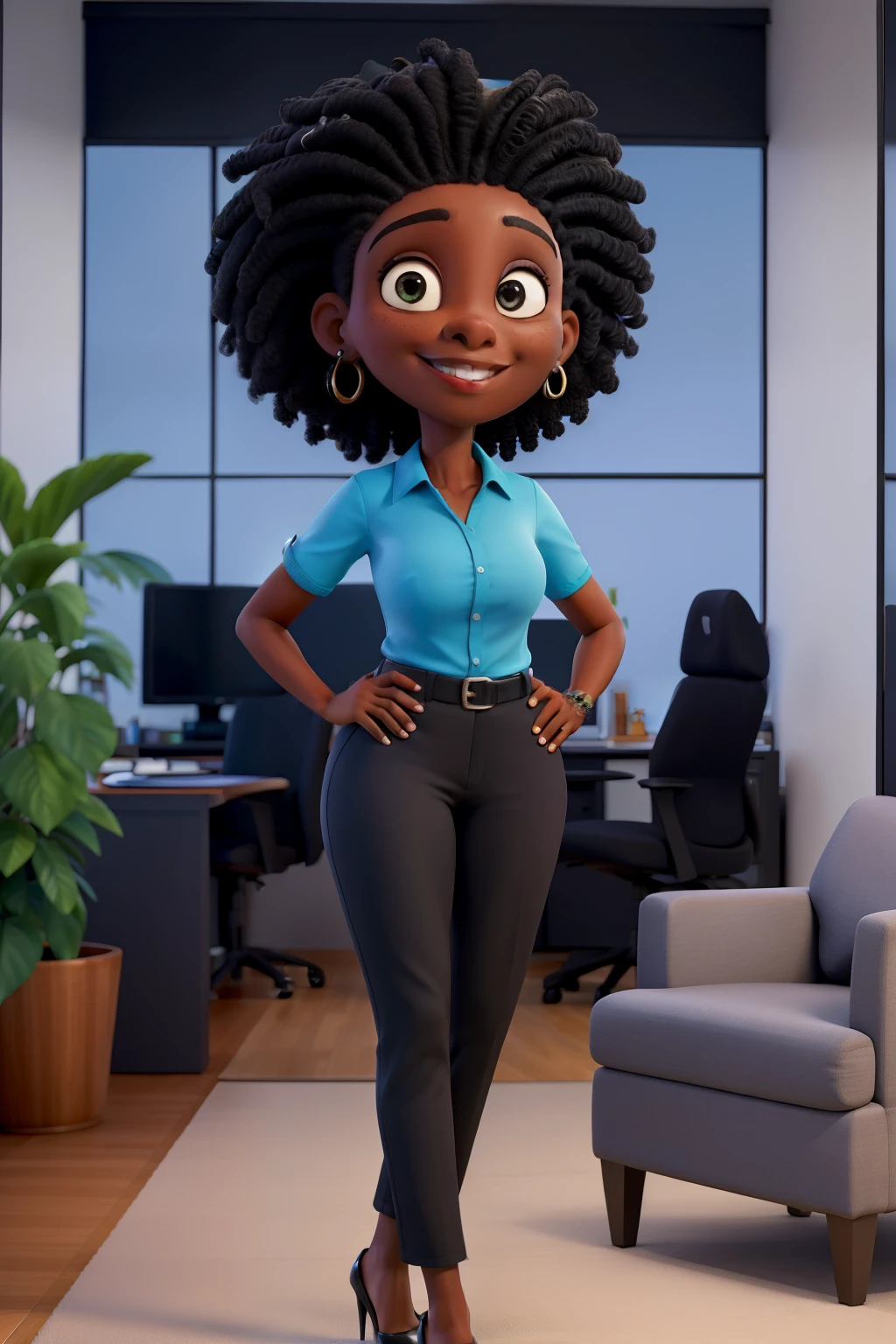 Terapia, black Brazilian psychologist, cabelos pretos ondulado baixinho, sorriso, camisa social azul, black pants and high heels, inside the luxury office.