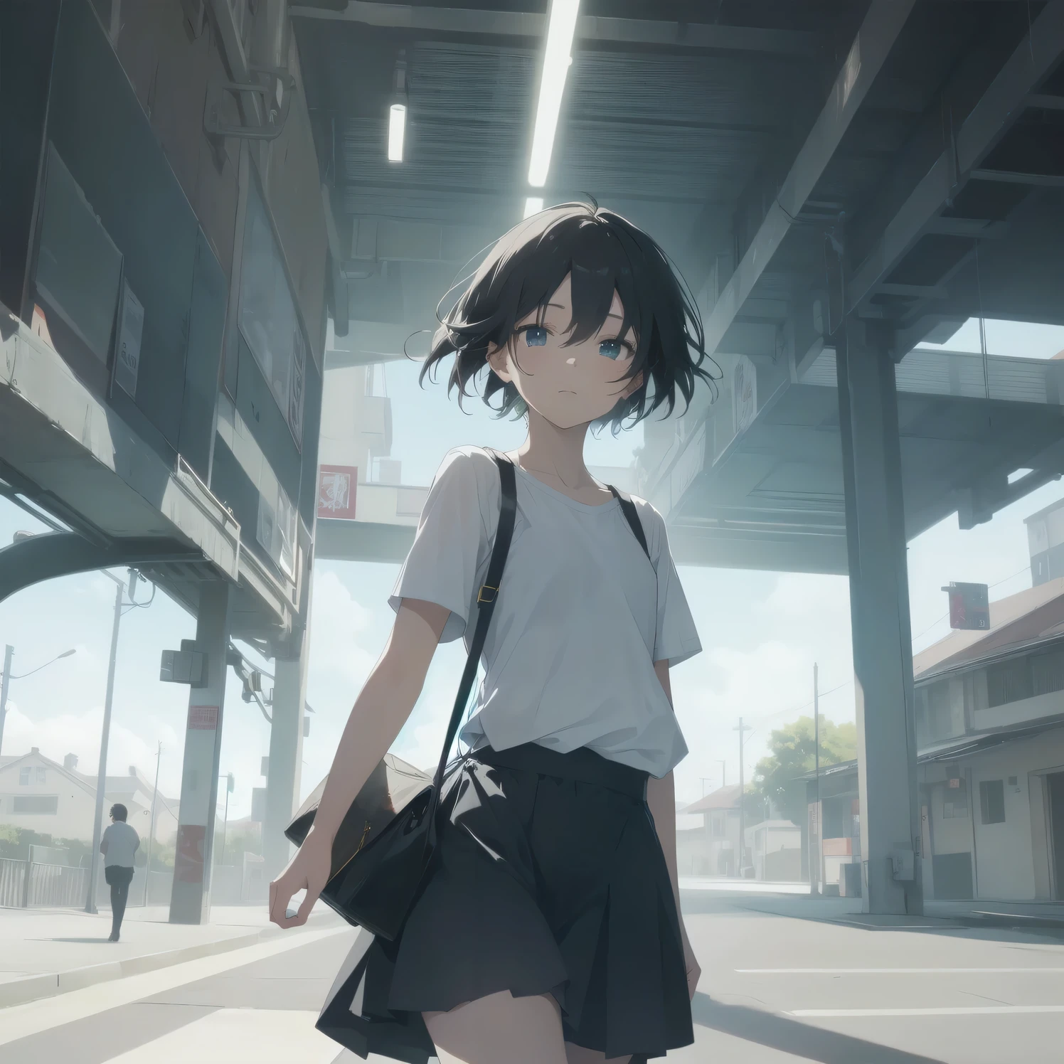 ultra-absurdres-Top quality by art God, ultra-detailed, high resolution, anime moe artstyle, best anime 8k konachan wallpaper, pixiv contest winner, perfect anatomy,break, 1girl, (Please draw a girl walking sleepily to school alone. )break,(Solo,little female, -yeld:1.Full limbs, complete fingers,a junior hiiveness of immature bodies, (very short hair), short cut, flat chest, , small butt, small black eyes, beautiful detailed eyes, well-proportioned iris and pupils, expressive eyes, highres detailed hair, soft expression, school_uniform, pleated skirt,(Detailed Lighting), (Detailed background), in the School commute route. break,super detailed skin, Best cinematic lighting powered by famous artist, 8k,beauty illustration,photoshop_(medium),very aesthetic,break,((artist:core )), artist:akinashi yuu ,artist:oyari ashito ,artist:kantoku ,