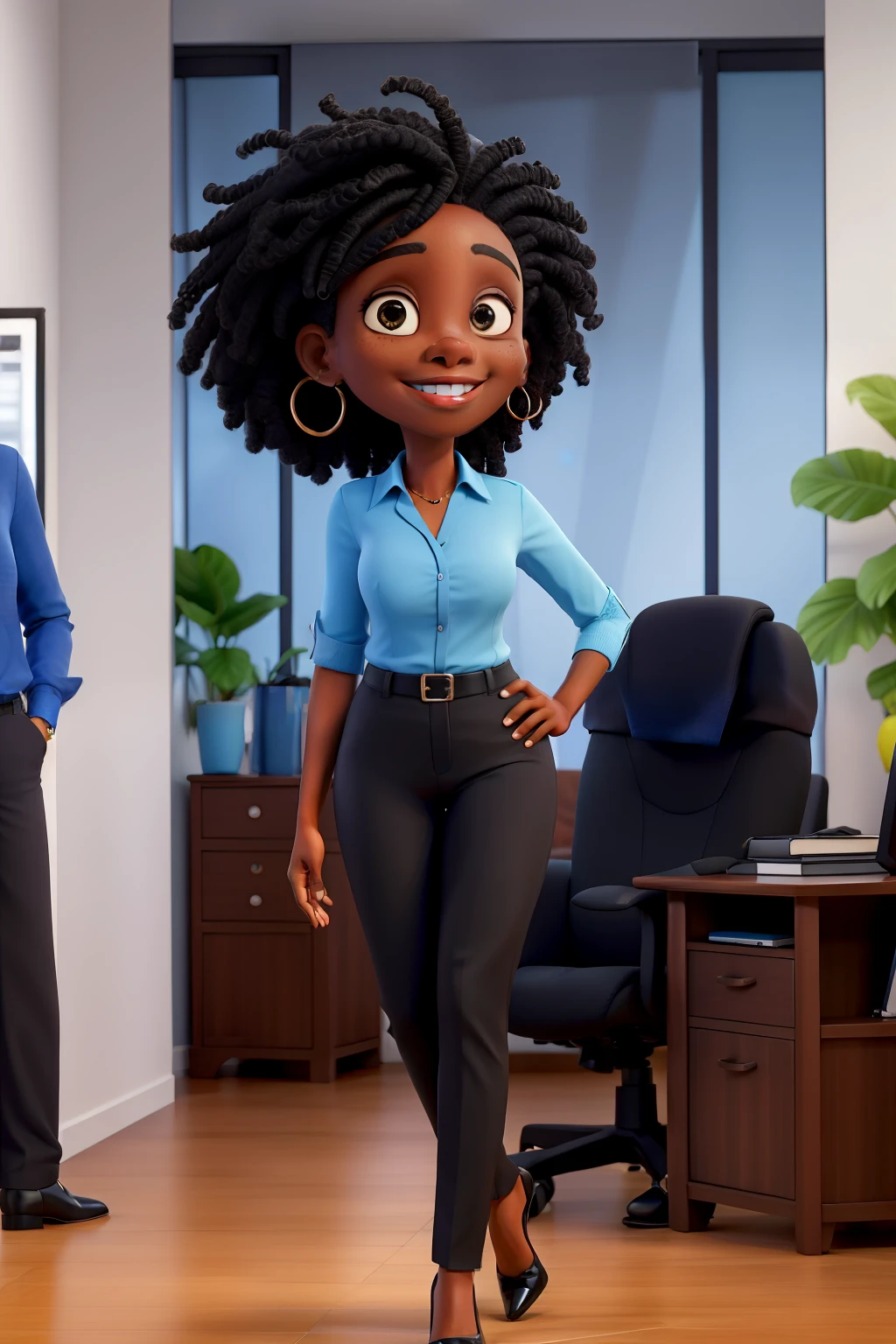 Terapia, black Brazilian psychologist, cabelos pretos ondulado baixinho, sorriso, camisa social azul, black pants and high heels, inside the luxury office.
