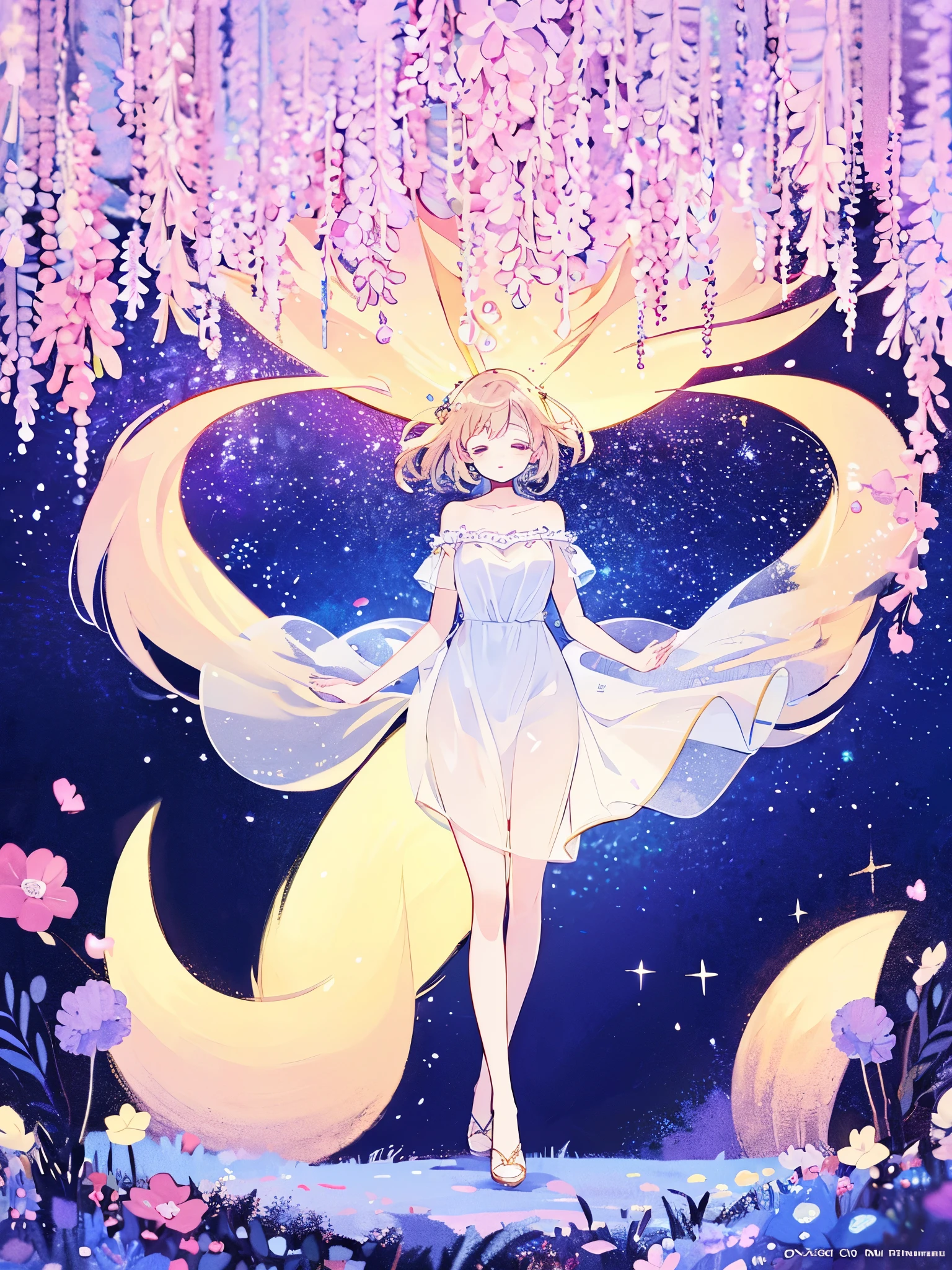 complex background, wishing star background, a woman wearing an ethereal mystical pink translucent dress that reflects the stars, perfume promo art, mystic, complex drawing, highly detailed, Covergirl brand, promo art, artistic rendition, ethereal, starry night, midjourney style