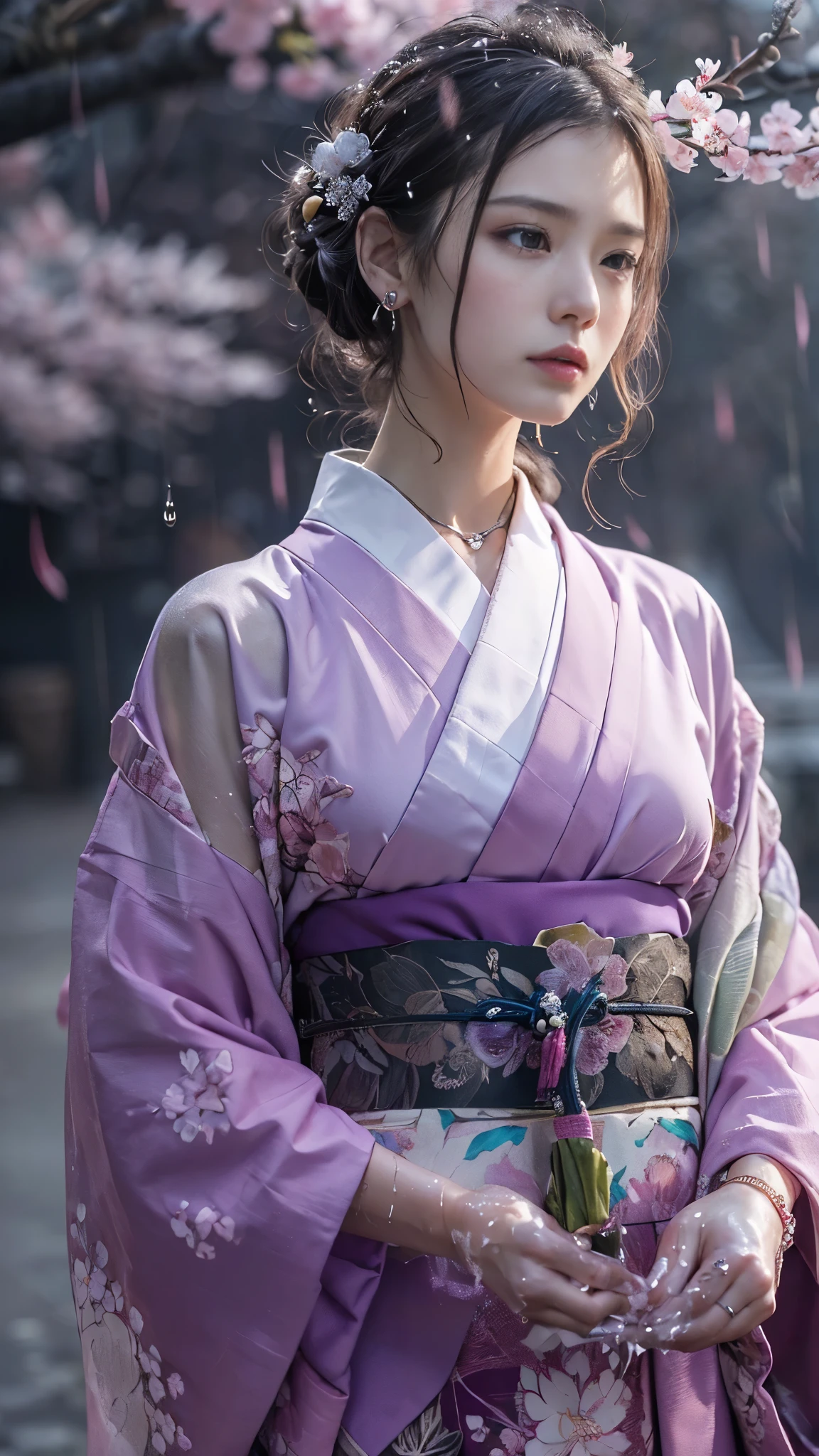 (RAW shooting, Photoreal:1.5, 8K, highest quality, masterpiece, ultra high resolution), ((((powder snow, Cherry blossom trees))), Highly detailed skin and facial textures:1.3, perfect dynamic composition:1.2, (In front of a shrine at night in a modern city, expression of sadness:1.0, Tears are flowing:1.0, cry with a broken heart:1.0), Slim office lady wet in the rain:1.3, cowboy shot, Fair skin:1.2, sexy beauty:1.1, perfect style:1.2, beautiful and aesthetic:1.1, very beautiful face:1.2, water droplets on the skin, (rain drips all over my body:1.2, wet body:1.2, wet hair:1.3), (Professional kimono dressing:1.1, Holding a bouquet of wet cherry blossoms:1.2, Wear a wet light purple kimono correctly:1.3), (Medium chest, Bra is transparent, Chest gap),  (Eyes that feel beautiful eros:0.8, Too erotic:0.8, Bewitching:0.8), necklace, earrings, bracelet, wedding ring, Highly detailed hand and finger expressions