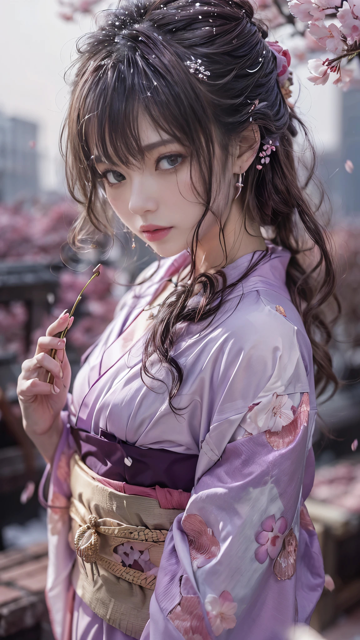 (RAW shooting, Photoreal:1.5, 8K, highest quality, masterpiece, ultra high resolution), ((((powder snow, Cherry blossom trees))), Highly detailed skin and facial textures:1.3, perfect dynamic composition:1.2, (In front of a shrine at night in a modern city, expression of sadness:1.0, Tears are flowing:1.0, cry with a broken heart:1.0), Slim office lady wet in the rain:1.3, cowboy shot, Fair skin:1.2, sexy beauty:1.1, perfect style:1.2, beautiful and aesthetic:1.1, very beautiful face:1.2, water droplets on the skin, (rain drips all over my body:1.2, wet body:1.2, wet hair:1.3), (Professional kimono dressing:1.1, Holding a bouquet of wet cherry blossoms:1.2, Wear a wet light purple kimono correctly:1.3), (Medium chest, Bra is transparent, Chest gap),  (Eyes that feel beautiful eros:0.8, Too erotic:0.8, Bewitching:0.8), necklace, earrings, bracelet, wedding ring, Highly detailed hand and finger expressions