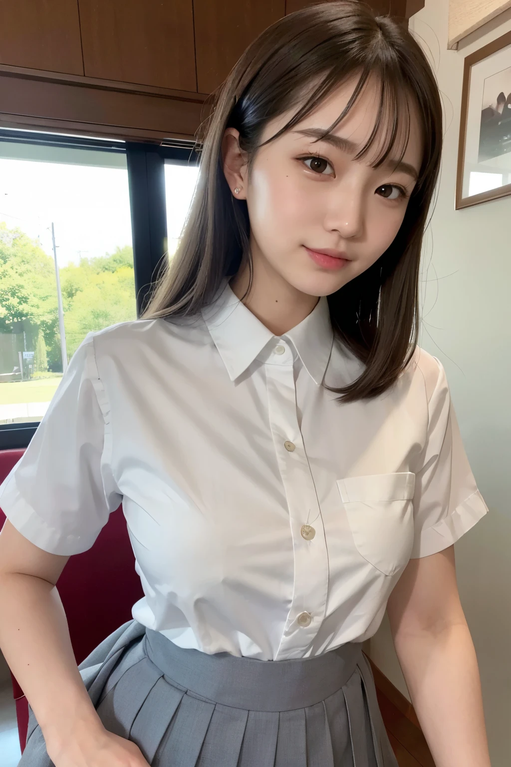 (RAW photograph, highest quality), (realistic),photograph, highest quality ,masterpiece, very delicate and beautiful, very detailed, cg ,unity, 2k wallpaper, finely, masterpiece, highest quality, huge file size, Super detailed, High resolution, very detailed, ????, 1 girl, Saori 17 years old, node, because I'thin, (short sleeve shirt:1.1),(family restaurant uniform:1.1),(pleated skirt:1.1), porcelain skin,  (gray hair), (hair ornaments), looking at the viewer, close up of face, straight hair, very detailed face, very detailed eyes, enchanting smile, Rainy ,