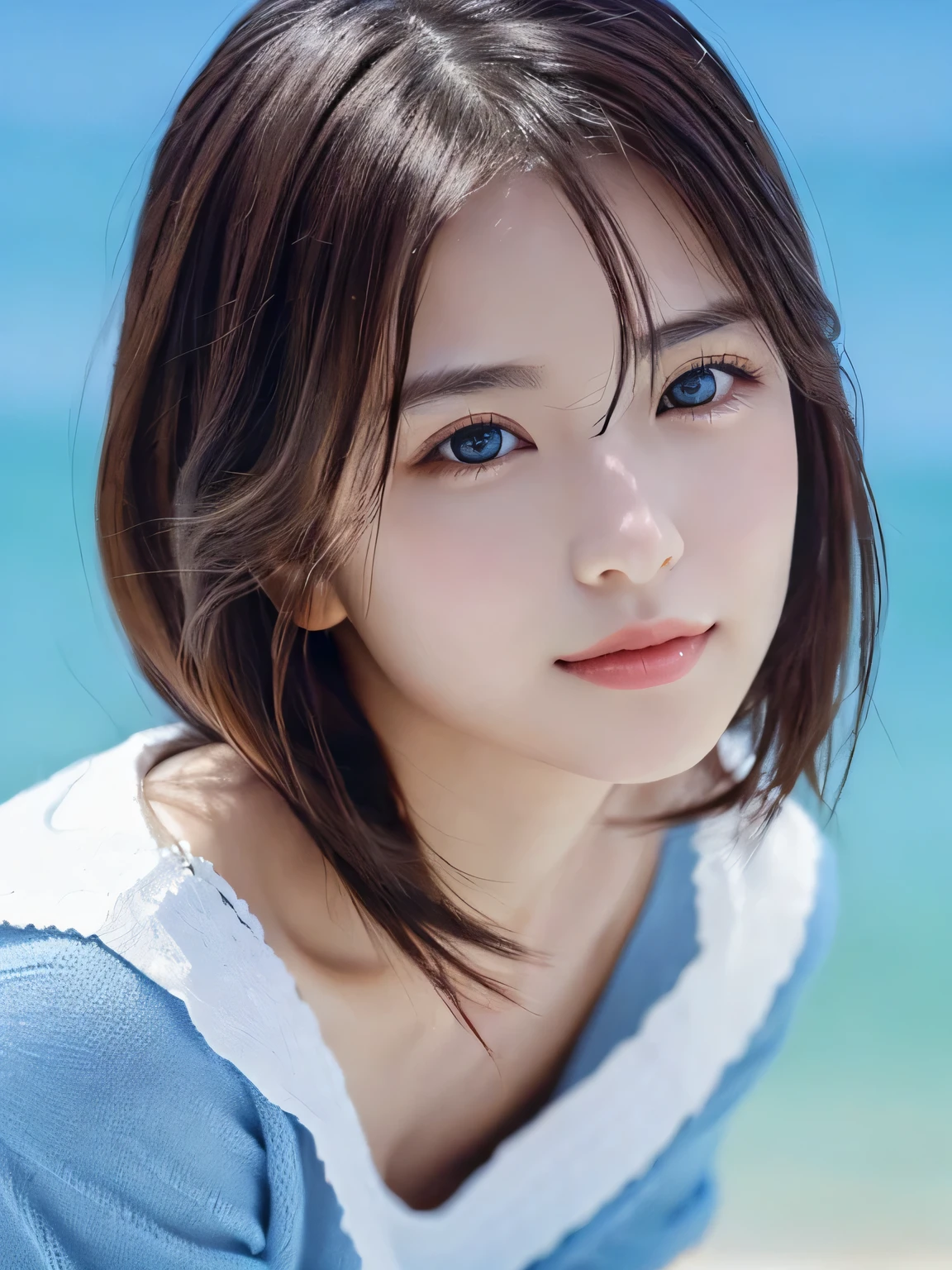 (((32k,high details,high detail、masterpiece,attention to detail,alone))),Raw photo & realistic atmosphere,beautiful dark blue eyes,detailed mouth,glossy lips,thin eyebrows,fine eyes、Soft white skin that shines in every detail、her deep black eyes are so beautiful,lip details、very beautiful face,very well-shaped face、lifelike face,shining beautiful lips,beautiful eyebrows,infinite reality, Realistic young idol sculpture,she'she'she'she'she'she'she's a very cute woman , idol sculpture, young idol sculpture, Very beautiful and cute 22 year old beauty,incredibly beautiful and classy,22 year old beauty,natural soft light,(shiny hair,,Beautiful and kind eyes:1.5),gentle smile,well-shaped chest,medium long hair,tie hair,beautiful posture,no makeup,think ahead,A little camera gaze,whole body,Ocean,