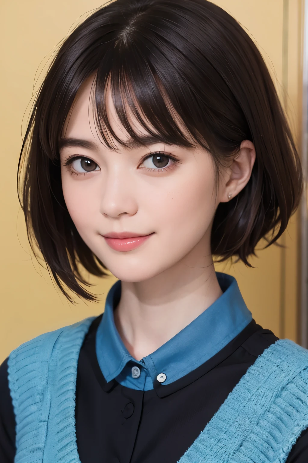 (snapdd00-Fp16), 1-9-5, woman, gentle smile, short hair, The background is an avant-garde abstract painting.