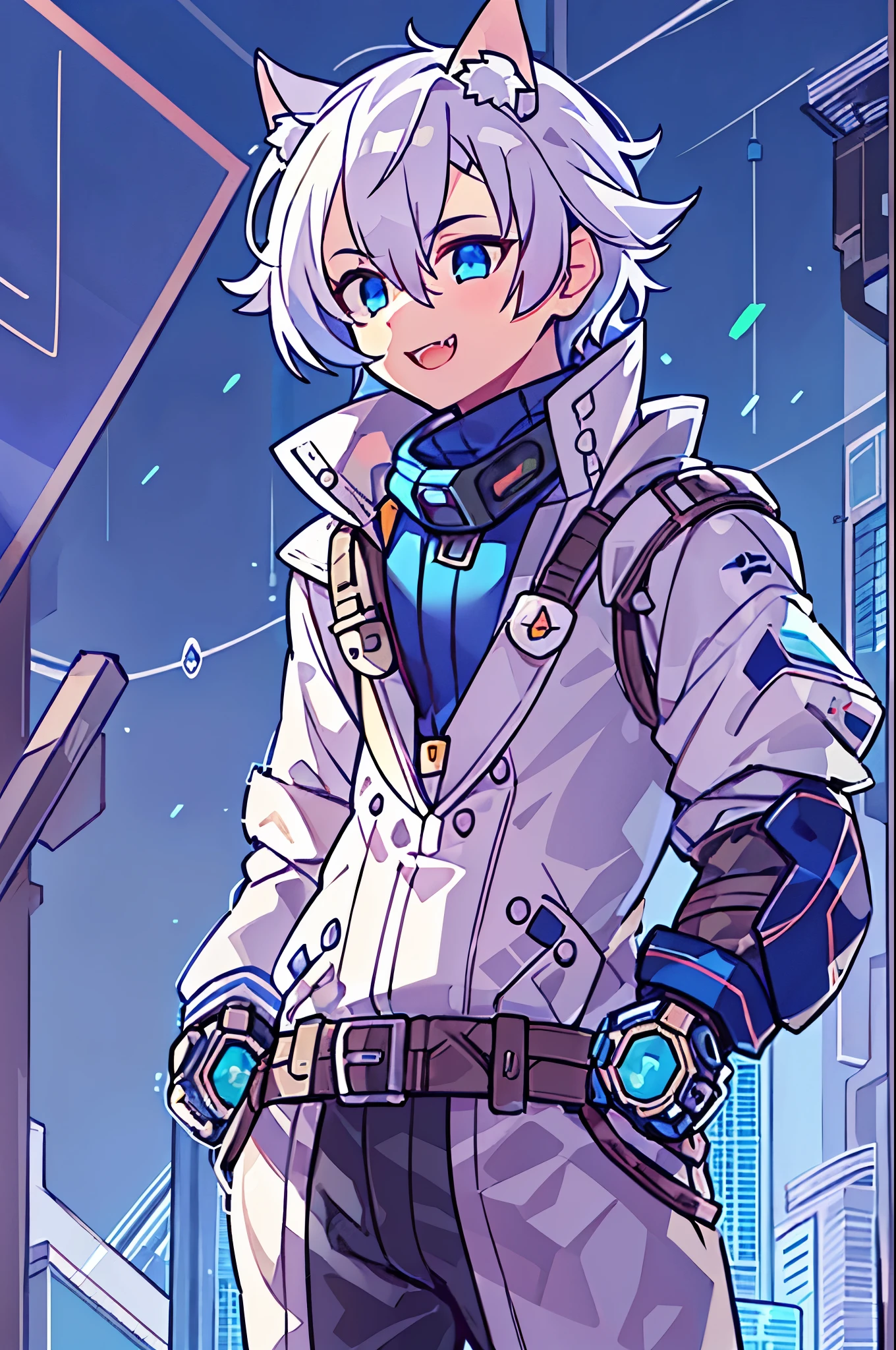 Game CG,4K quality,(()),handsome face,silver hair,short straight hair,sharp vision,wolf ears,((Wearing blue goggles on head)) ,fangs, happy,full body portrait,(Wearing blue and white full-body mechanical armor),turtleneck jumpsuit,Mecha gloves, white boots, look up