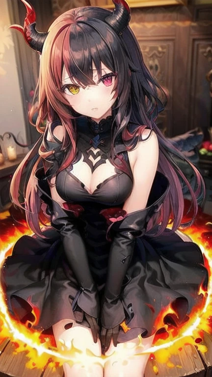 1girl, (masterpiece), best quality, expressive eyes, perfect face, anime girl with red eyes and black dress in flames, (half color haired girl with black and red hair), very sexy devil outfit, queen of hell, ruler of inferno, fiery scorching red eyes, deathwing, beautiful succubus, devil, infernal art in good quality, body with black and red lava, inferno, lava, devil wings, demon anime girl, medium size breast, (yellow and purple eye heterochromia)+