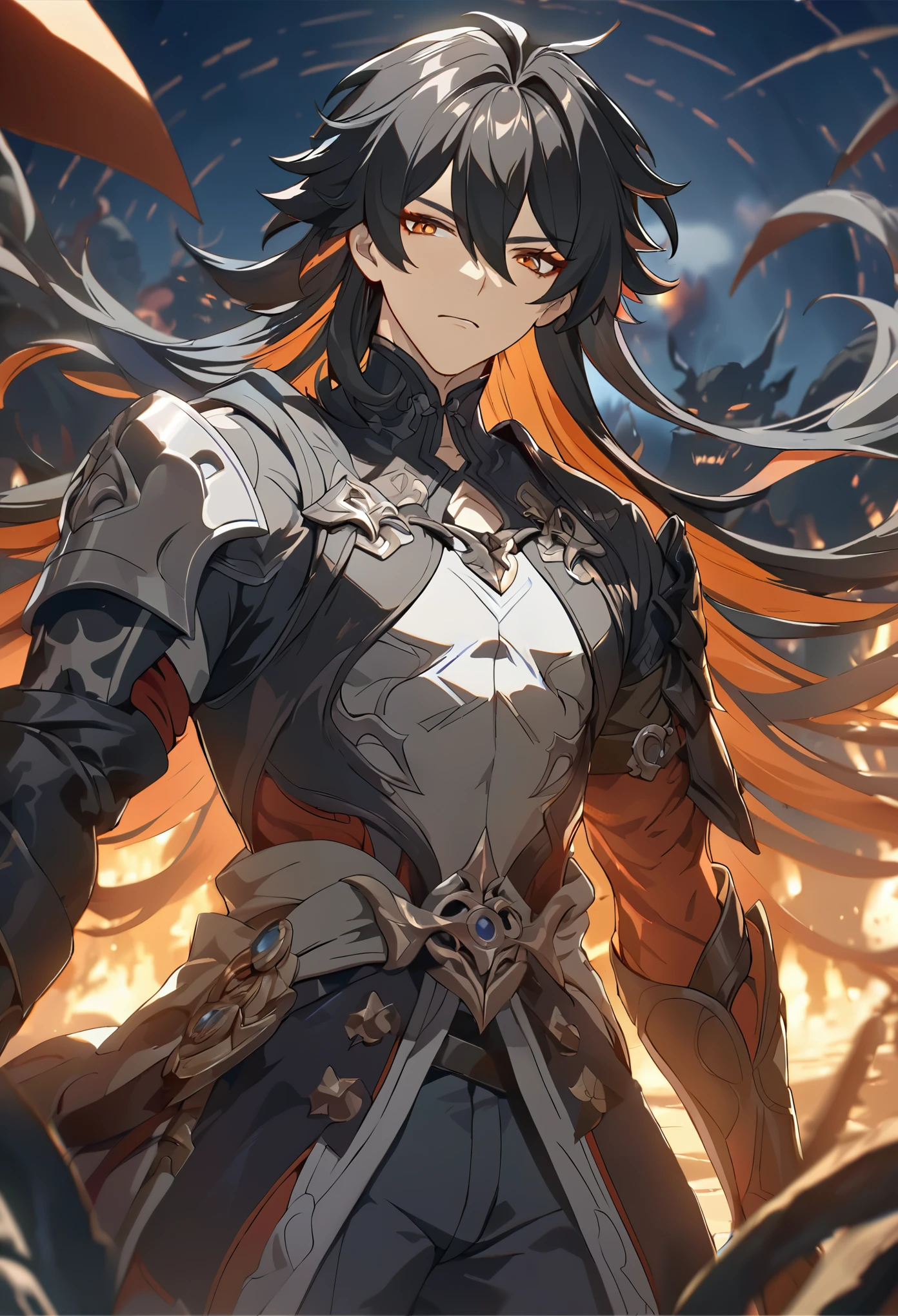 ((solo)), (man), dark orange eyes, black hair, very long hair, messy hair, dark orange colored inner hair, a close up of a person with a sword in a desolate land surrounded by demons and monsters, a burning battlefield, detailed key anime art, honkai star trail character, casimir art, masamune shiro, masamune, handsome guy in demon slayer art, genshin, heise jinyao, shadowverse style, (no logos), DOOM hell, black powers, red infernal scenery, detailed clothes, eye reflection, depth of field, cinematic lighting, ray tracing, depth of field, cinematic lighting, ray tracing, UHD, high details, best quality, highres, high quality, award winning, super detail, masterpiece, 8k, UHD, high details, best quality, highres, high quality, award winning, super detail, masterpiece, 8k, digital art, anime coloring