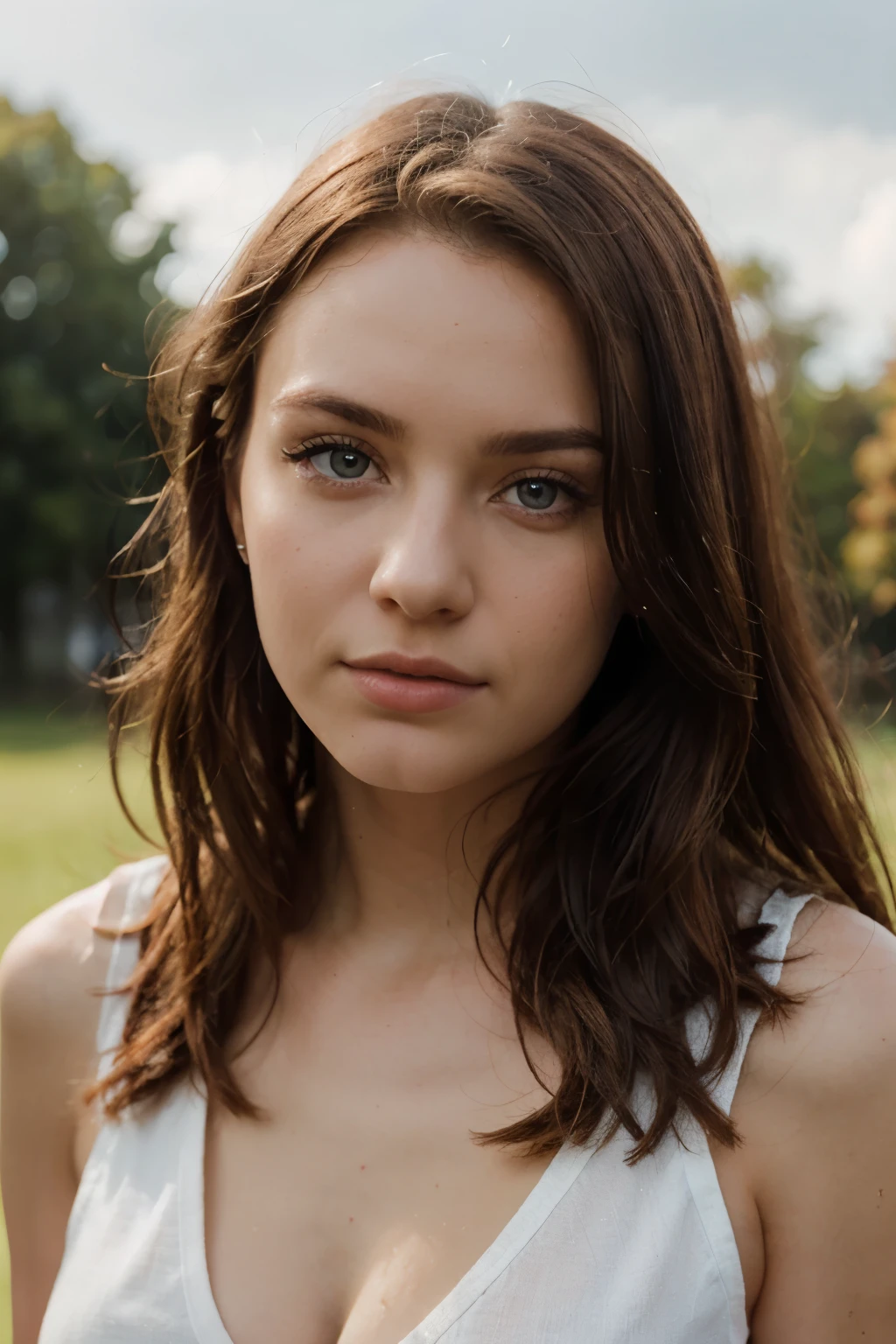 Photorealistic portrait of a young 22 year old Irish woman with long red hair and striking sky blue eyes. Frontal look, thin nose, wide forehead, oval face. It should have a natural, approachable expression and be illuminated by soft golden hour sunlight. The background should be a sunlit scene. Capture this image with high resolution photography using an 85mm lens for a flattering perspective.