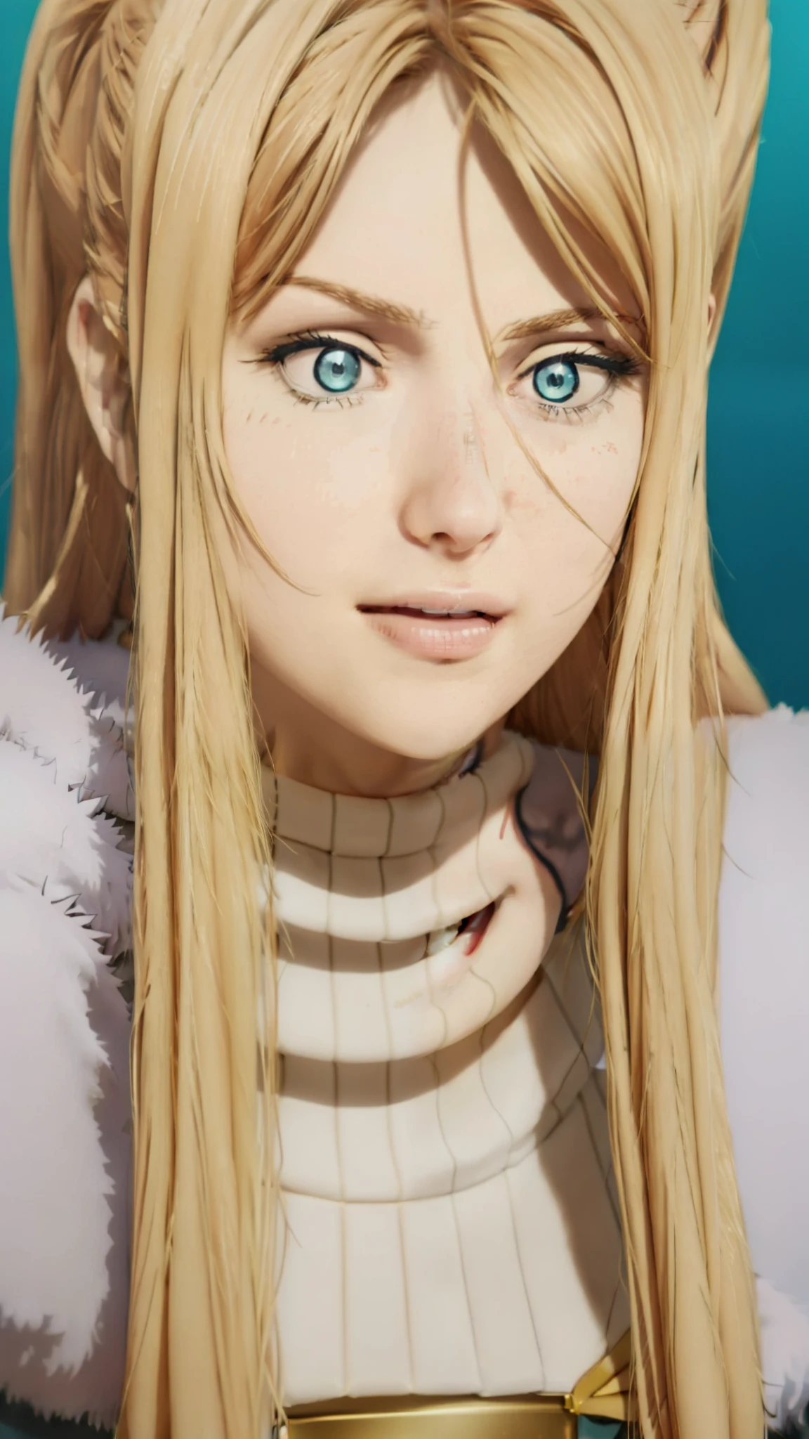 Simple White Background, tears, 
 blue coat, fur-trimmed cape, gloves,navel,crop top, sweater, turtleneck,
hair ornament, 
bangs, blonde hair,blue eyes,long hair,high ponytail, 
1 girl, 20yo,Young female,Beautiful Finger,Beautiful long legs,Beautiful body,
Beautiful Nose,Beautiful character design, perfect eyes, perfect face,expressive eyes,perfect balance,
looking at viewer,(Focus on her face),closed mouth, (innocent_big_eyes:1.0),serious, 
official art,extremely detailed CG unity 8k wallpaper, perfect lighting,Colorful, Bright_Front_face_Lighting,White skin,
(masterpiece:1.0),(best_quality:1.0), ultra high res,4K,ultra-detailed,
photography, 8K, HDR, highres, absurdres:1.2, Kodak portra 400, film grain, blurry background, bokeh:1.2, lens flare, (vibrant_color:1.2),professional photograph,
(Beautiful,Breasts:1.0), (beautiful_face:1.5),(narrow_waist),