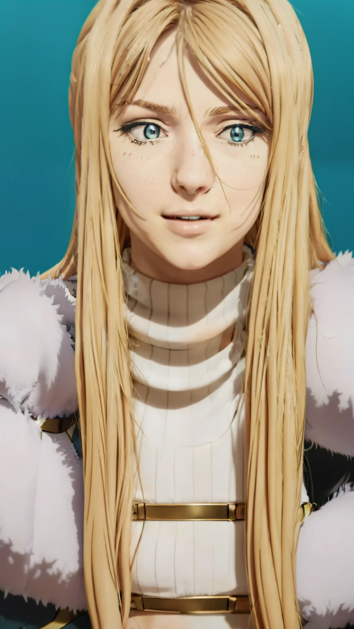 Simple White Background,
 blue coat, fur-trimmed cape, gloves,navel,crop top, sweater, turtleneck,
bangs, blonde hair,blue eyes,long hair,high ponytail, 
1 girl, 20yo,Young female,Beautiful Finger,Beautiful long legs,Beautiful body,
Beautiful Nose,Beautiful character design, perfect eyes, perfect face,expressive eyes,perfect balance,
looking at viewer,(Focus on her face),closed mouth, (innocent_big_eyes:1.0),(Light_Smile:0.3),
official art,extremely detailed CG unity 8k wallpaper, perfect lighting,Colorful, Bright_Front_face_Lighting,White skin,
(masterpiece:1.0),(best_quality:1.0), ultra high res,4K,ultra-detailed,
photography, 8K, HDR, highres, absurdres:1.2, Kodak portra 400, film grain, blurry background, bokeh:1.2, lens flare, (vibrant_color:1.2),professional photograph,
(Beautiful,Breasts:1.0), (beautiful_face:1.5),(narrow_waist),