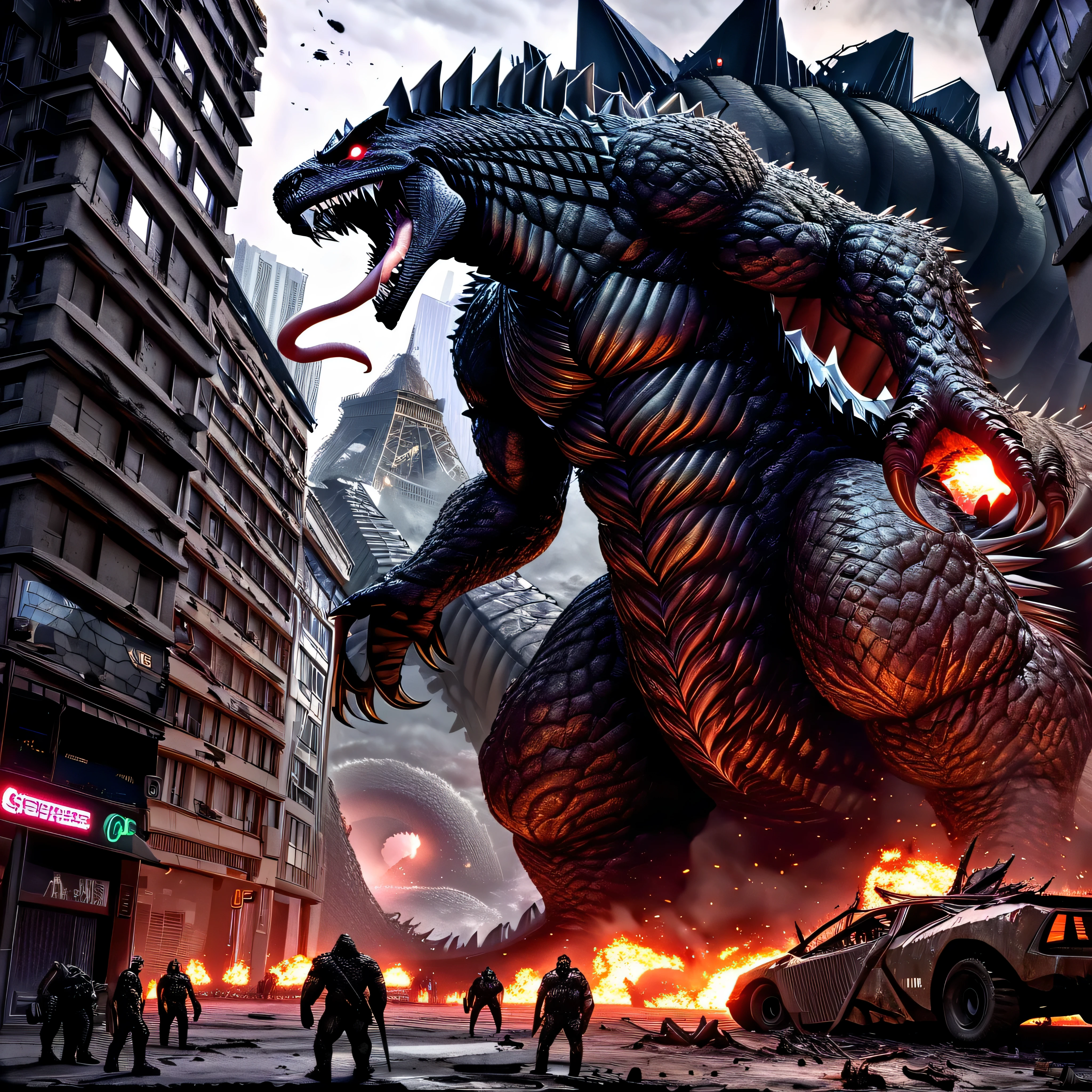 Giant Godzilla creatures, Giant Godzilla beasts, Giant Godzilla climbing Towering Eiffel, Huge Godzilla aliens, Extraterrestrial Godzilla on a large scale,Majestic Titanium Godzilla, Huge futuristic Godzilla, Giant behemoth, Dystopian cityscape, Apocalyptic city skyline, The ruins of the wrecked city, The demolished urban environment, Crumbling city streets, Desolate city center, Scattered skyscrapers, Crushed buildings, Infrastructure damage, Roads and bridges were damaged, Crashed vehicle,Falling debris, Burning wreckage, Smoggy air, deserted city, Glowing eyes, sparkle eyes, Fierce eyes, menacing eyes, glowing light eyes, piercing eyes, Powerful eyes, Ominous eyes, Illuminate your eyes, Sharp teeth, Sharp fangs, Fierce jaws, Powerful jaws, Very wide open mouth, Long tongue, Whip the tongue, Slimy saliva,Toxic saliva, Huge feet, Huge stomping, Huge claws, Crushing force, Scaly covered skin, glistning skin, Thick armored hides, Alien textures, Iridescent surface, Bioluminescent pattern, Dark and dangerous atmosphere, Sinister and contemplative emotions, Ominous and ominous environment, Mysterious and eerie environment, Cinematic lighting, Dramatic lighting, eerie lights, Surreal lighting, Otherworldly lighting, Ominous Shadows, Descending shadows, Creeping shadows, Explosions and sabotage, Holocaust, Chaos and panic, battles, resistance, Fight hard to survive, A huge monster Eiffel over the city, In contrast,Cities are playgrounds for creatures, An epic confrontation between monsters and humans, Dark and moody color scheme, Vibrant neon lights, Pulsating electrons. Eiffel deep path equirectangular symmetrical meticulously intricate Cinematic sunlight ultra_high-details extreme improved ultra_high-quality ultra_high-resolution ultra professional photorealistic optimal ultra_sharp-focus ultra_high-definition 32K XT3 DSLR vivid colors-coded saturate tone-mapping magic fleuraison monarch naked nsfw varies multi etc. --v6 --s1000 --c20 --q5 --chaos100