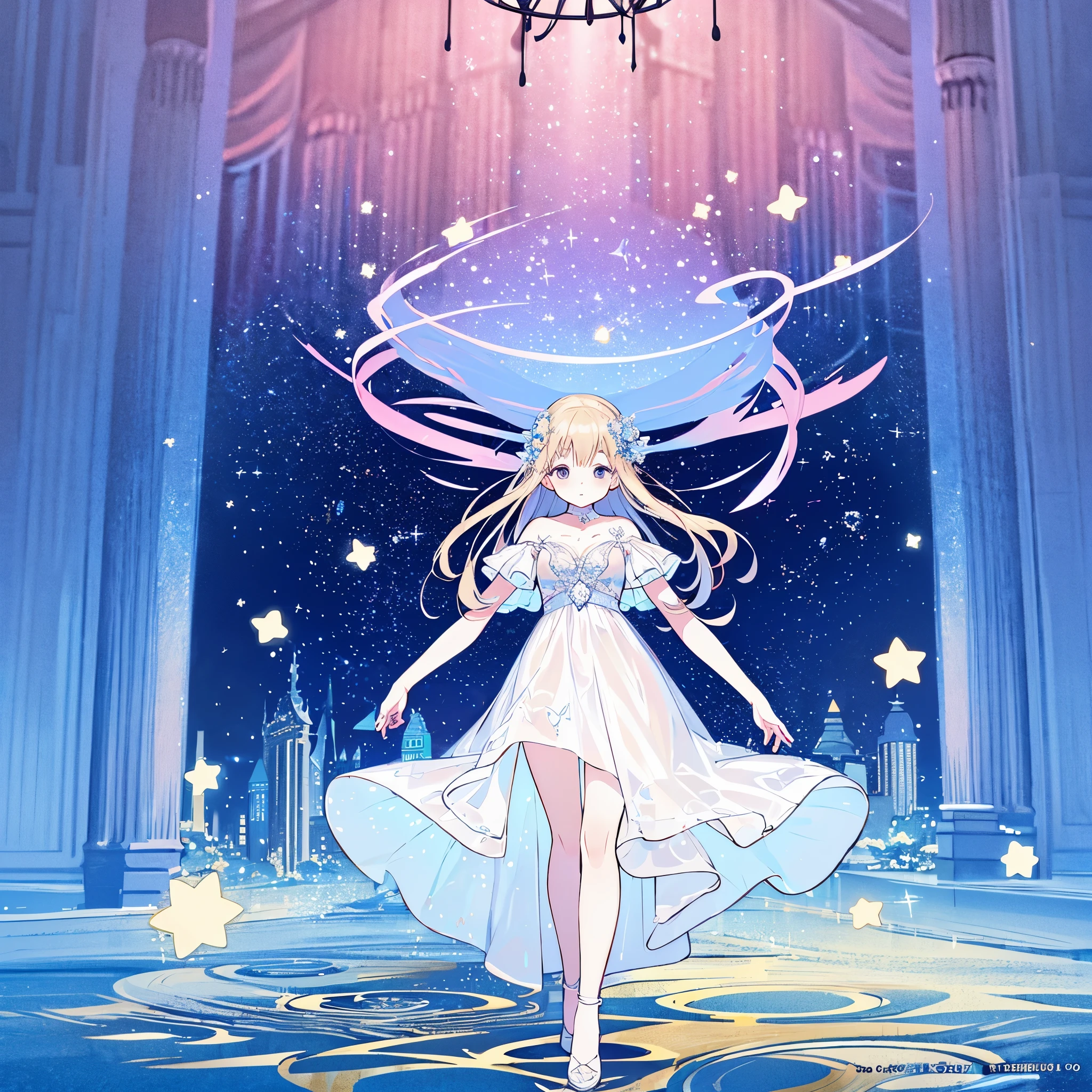 complex background, wishing star background, a woman wearing an ethereal mystical pink translucent dress that reflects the stars, perfume promo art, mystic, complex drawing, highly detailed, Covergirl brand, promo art, artistic rendition, ethereal, starry night, midjourney style