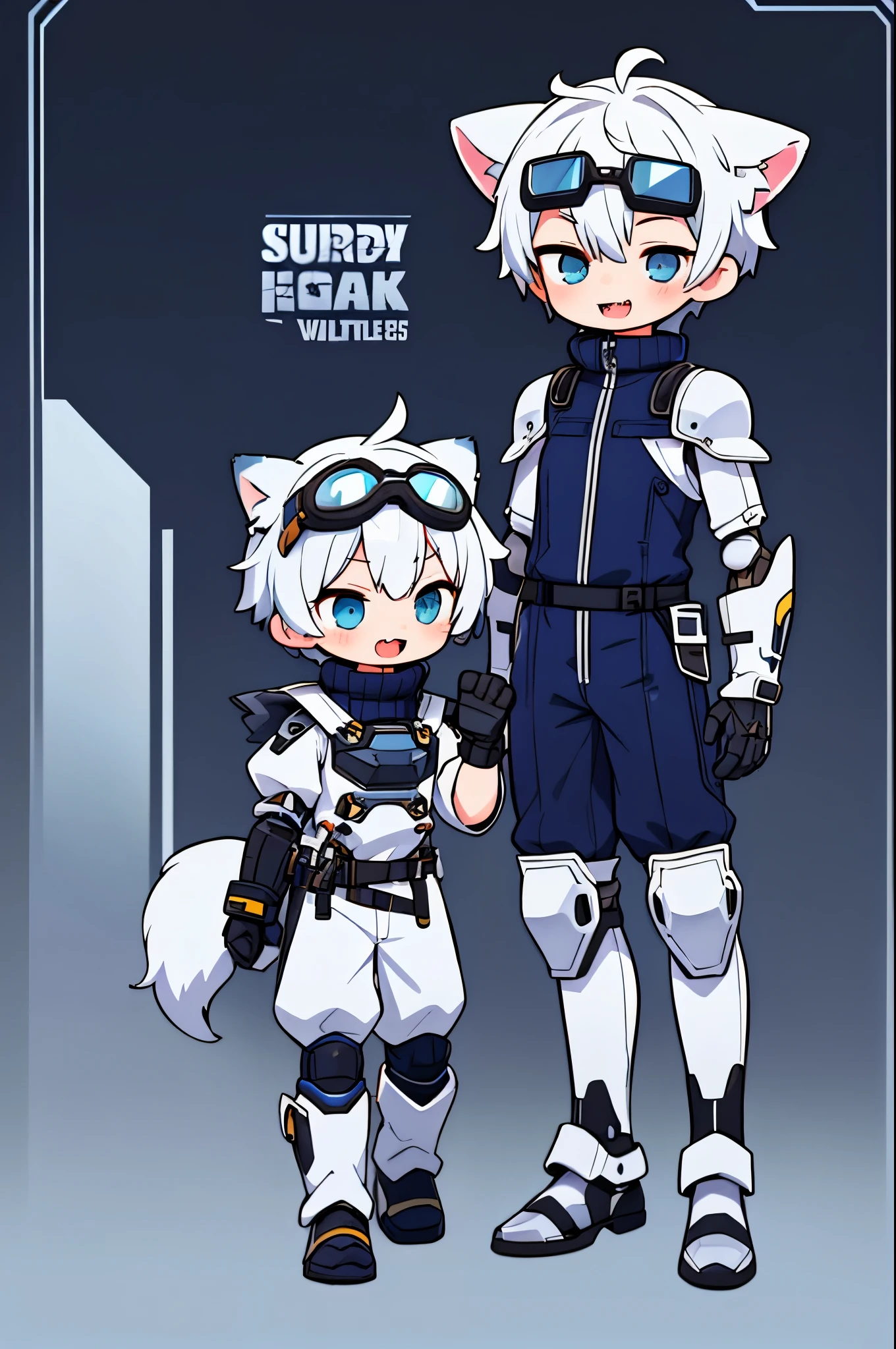 Game CG，4K quality，((**********))，handsome face，silver hair，short straight hair，sharp vision，wolf ears，((Wearing blue goggles on head)) ，fangs, happy，full body portrait，(Wearing blue and white full-body mechanical armor)，turtleneck jumpsuit，Mecha gloves， white boots, look up