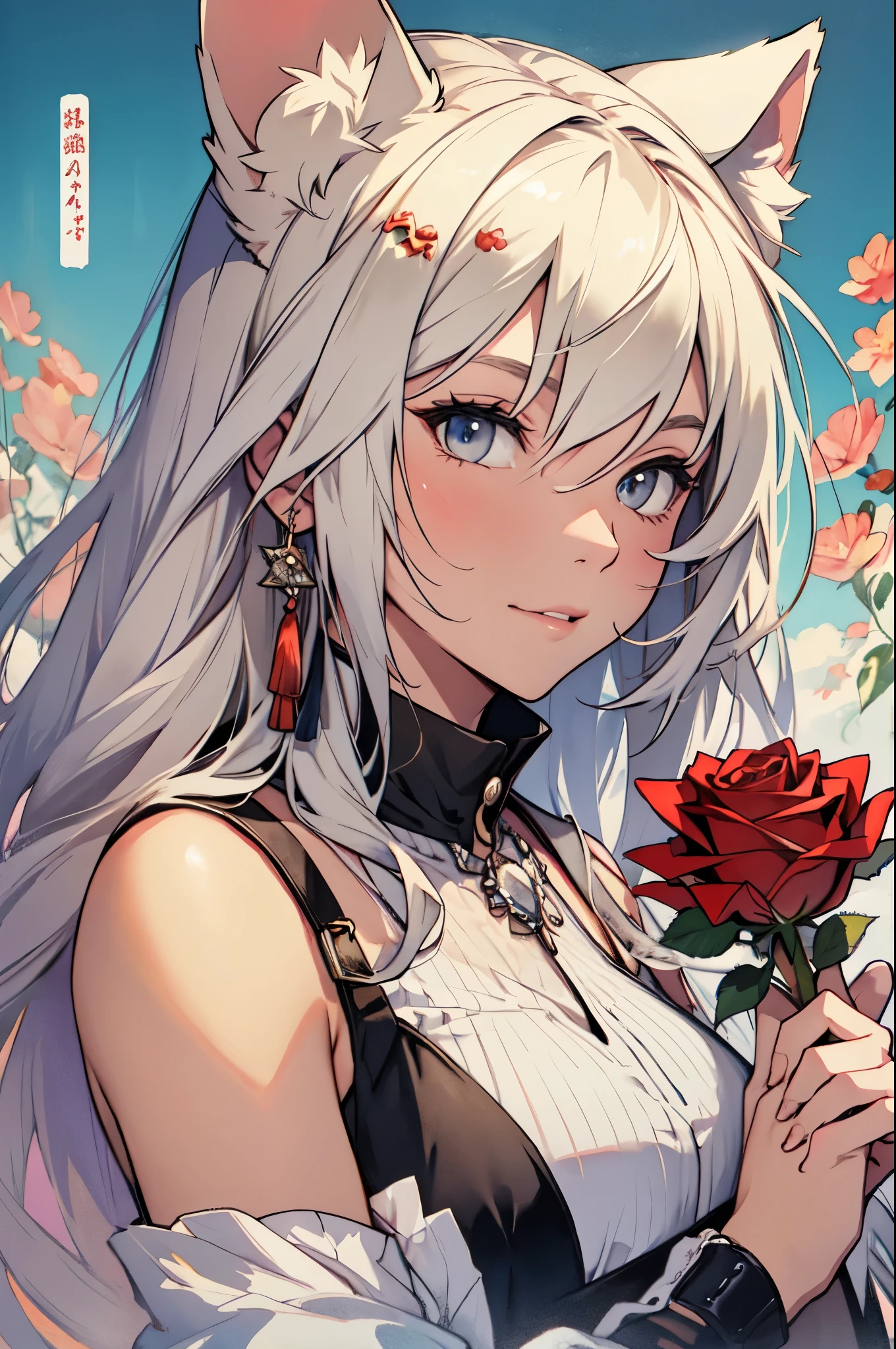 cover page, marriage information magazine, Watercolor elements, 1girl, kemono, furry, detailed body fur, animal face, animal hand, cute girl holding a red rose and looking at viewer,