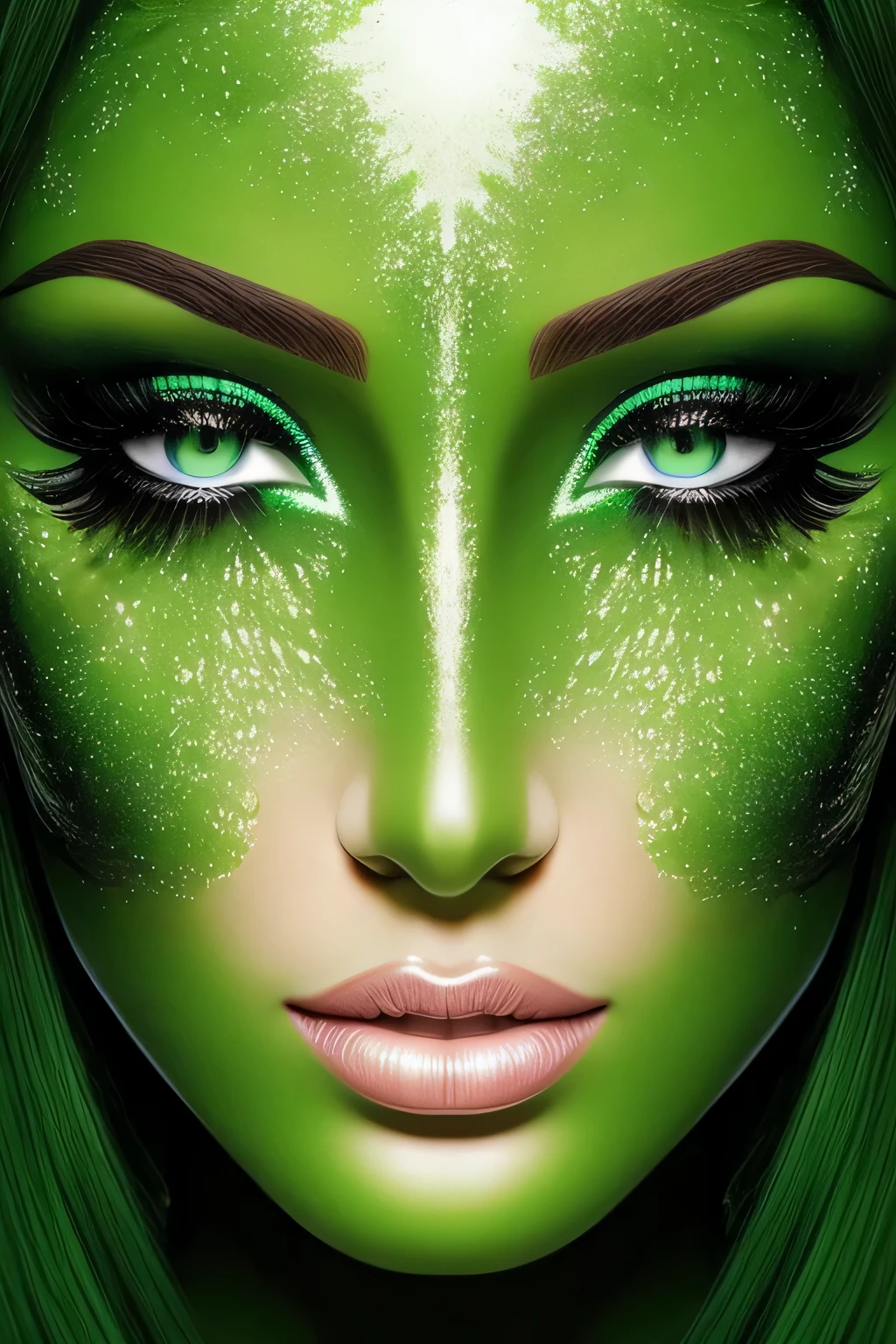 mulher com mascara facial, apenas olhos a mostra, olhos cor verdes, cabelos pretos, zoom no rosto, aura artistica, aura preta ao redor