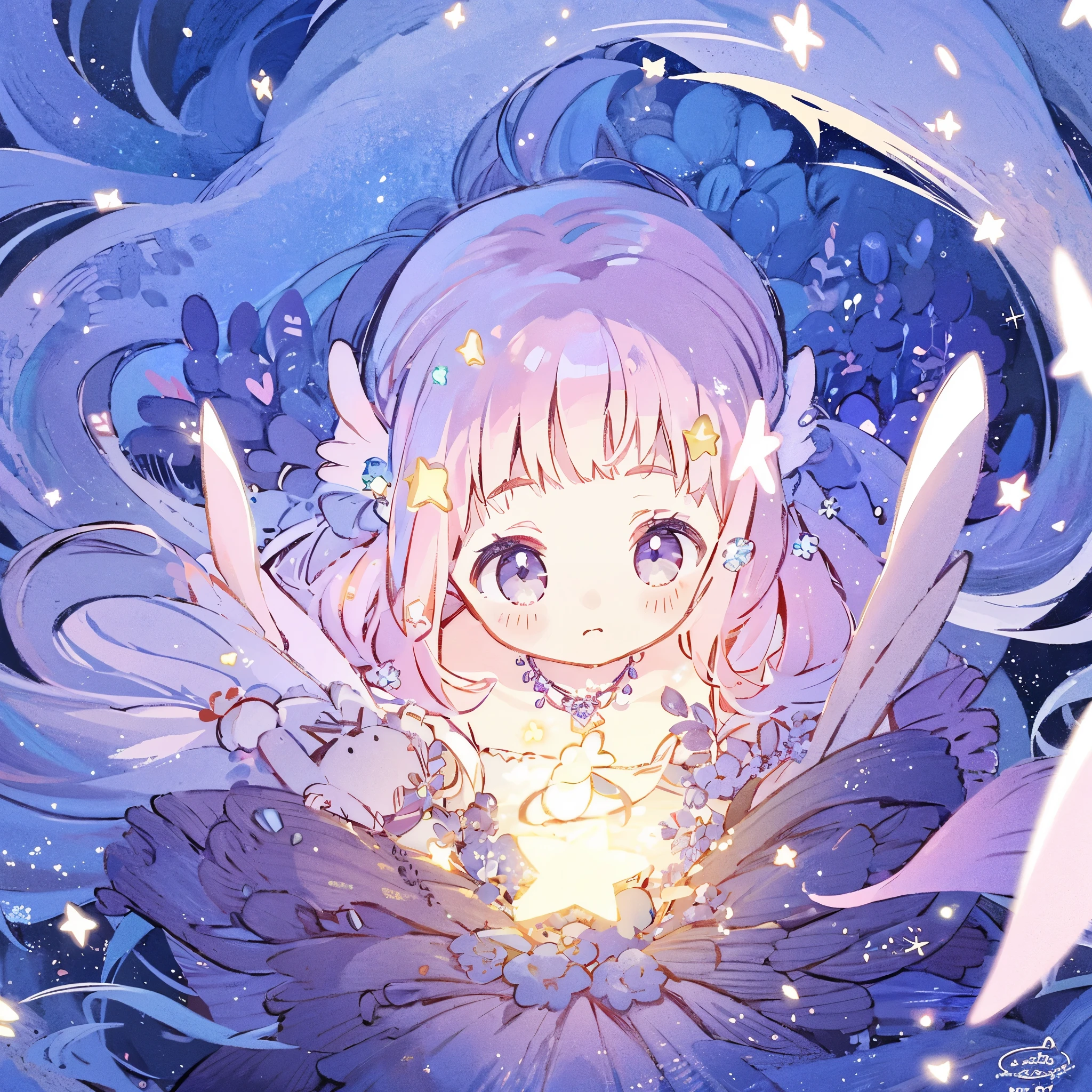 complex background, wishing star background, a woman wearing an ethereal mystical pink translucent dress that reflects the stars, perfume promo art, mystic, complex drawing, highly detailed, Covergirl brand, promo art, artistic rendition, ethereal, starry night, midjourney style, beautiful, serene composition, perfection, sharp focus, intricate details