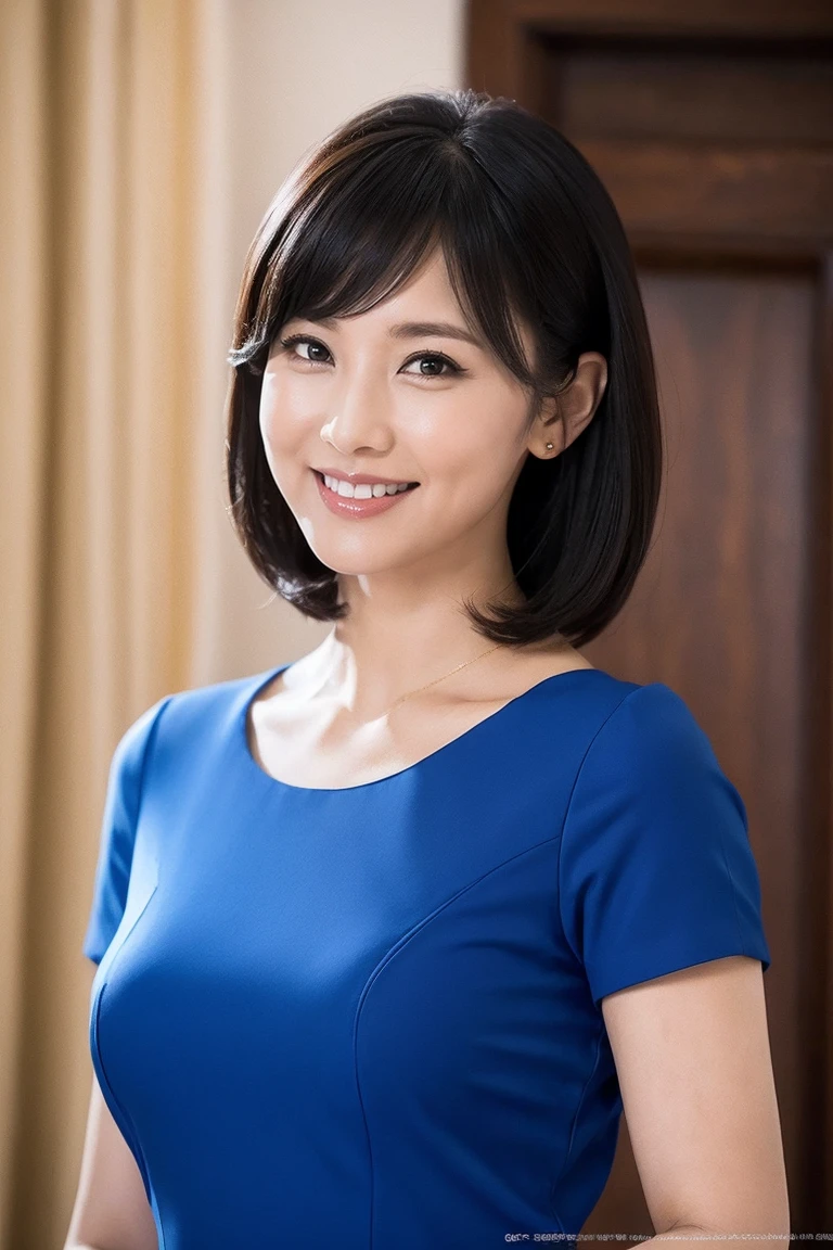 medium view, medium shot, Depth of written boundary, bust, Upper body, cinematic angle, masterpiece, highest quality, Super detailed, cg, 8k wallpaper, beautiful face, delicate eyes, maiden, alone, smile, bangs, skirt, shirt, have, Cobalt blue dress with gold trim, flower background