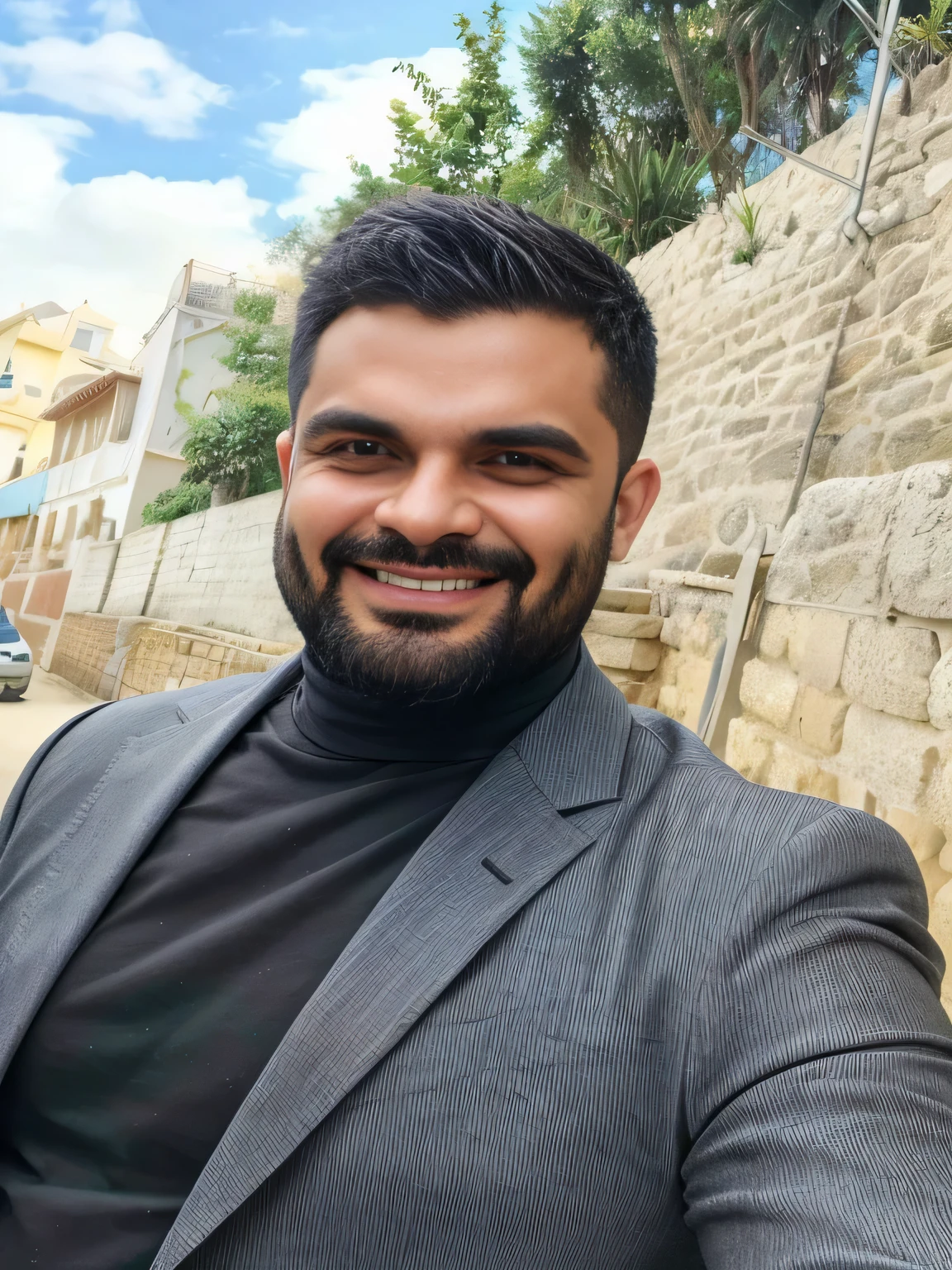homem sorridente de terno e camisa de gola alta em frente a um muro de pedra, foto de perfil profissional, profile picture with headshot, por Romain Brook, Rafael Lecoste, Mohamed Reda, Riyad Cassiem, foto profissional, aykut aydogdu, emad mostaque, I agree with you, powder Nándor Katona