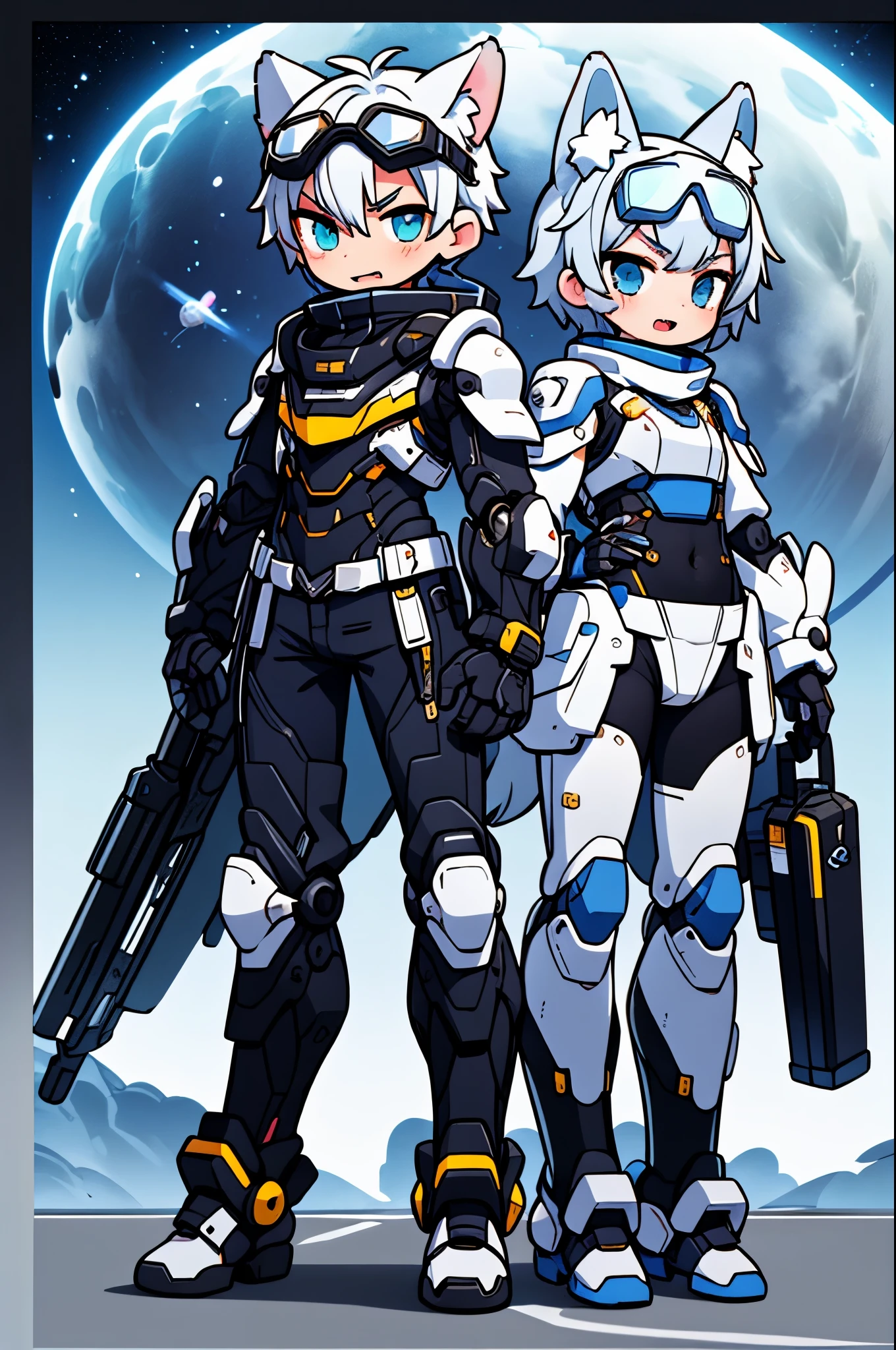 Game CG,4K quality,(( male boy)),Handsome face,silver hair,straight hair,sharp eyes,wolf ears,((blue goggles on head)) ,fangs, glad,full body portrait,(Wearing blue and white full-body mechanical armor),turtleneck bodysuit,Mecha gloves, white boots, Floating,outer space,Mechanical wreckage