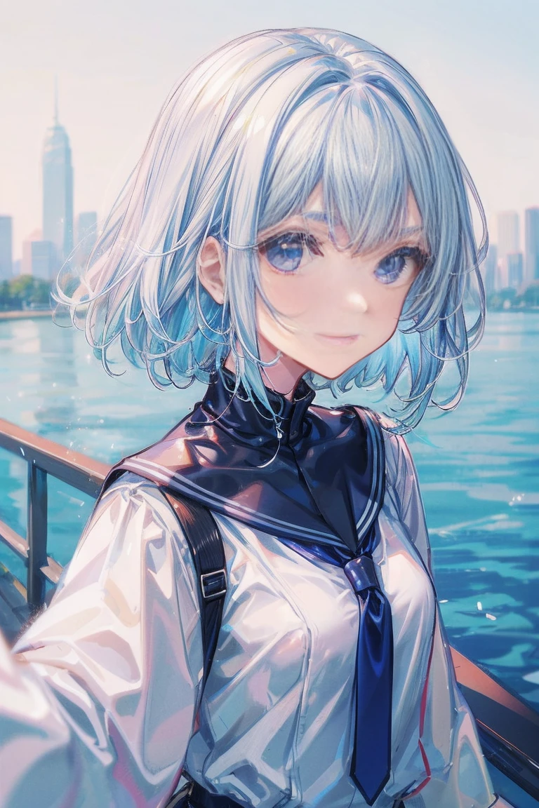 1 girl，(white) short hair，blue eyes，Uniforms， Super cute，(Introverted shyness)，(small breasts)