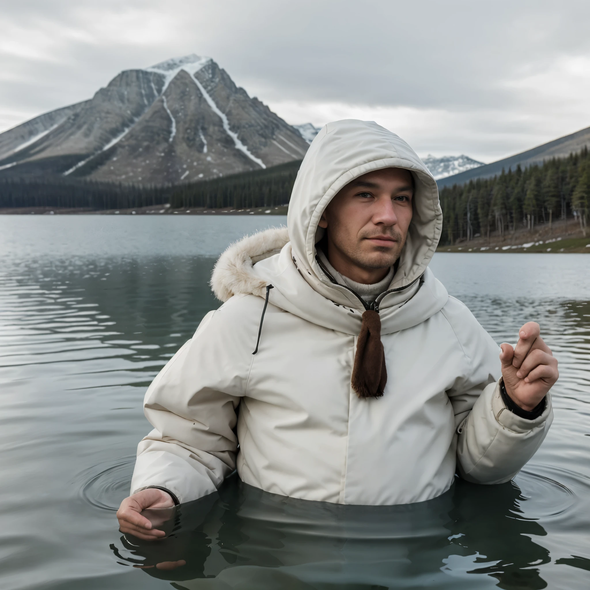 Man in Eskimo clothes in a lake